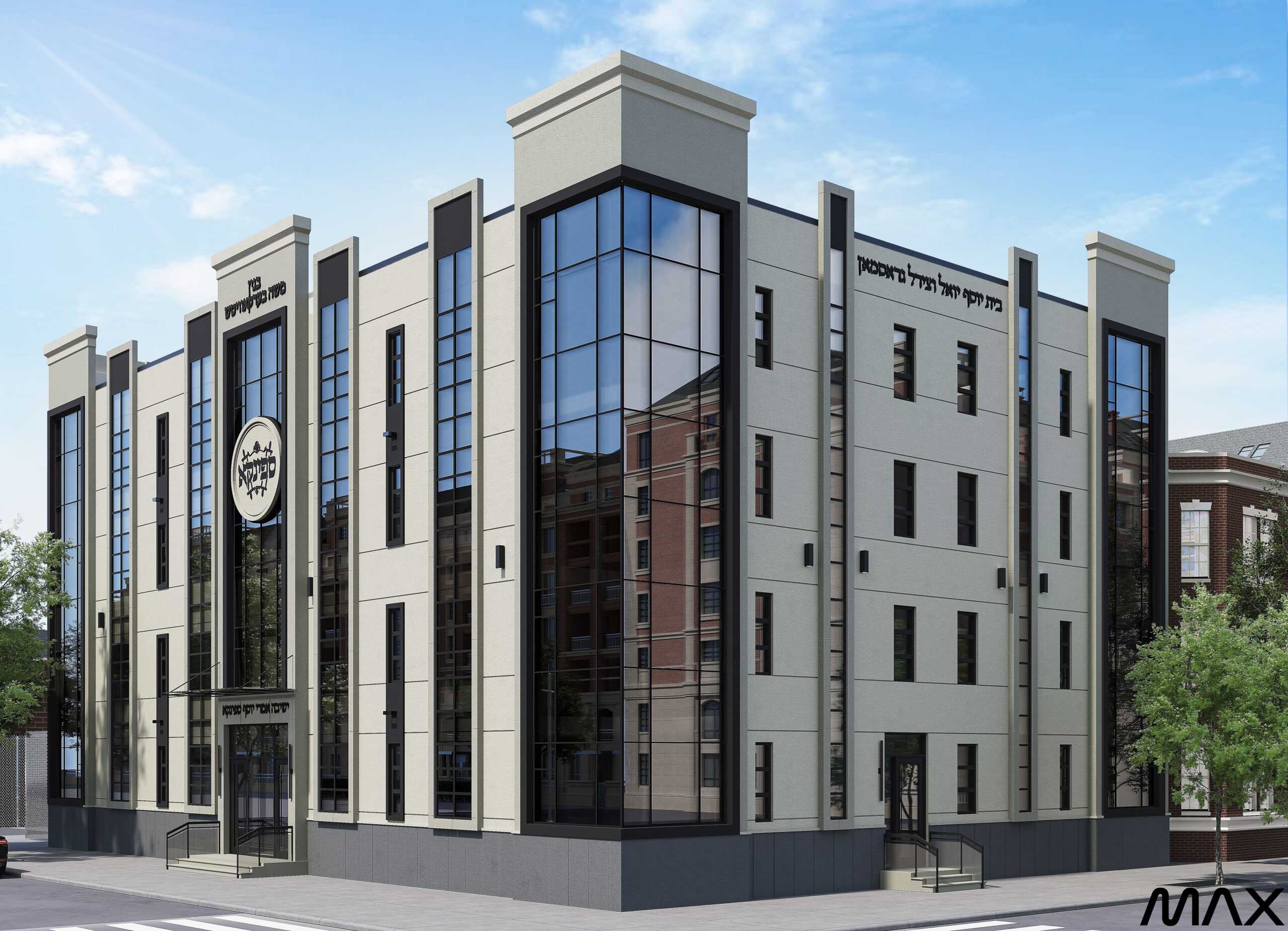 Modern building with large glass windows exterior.