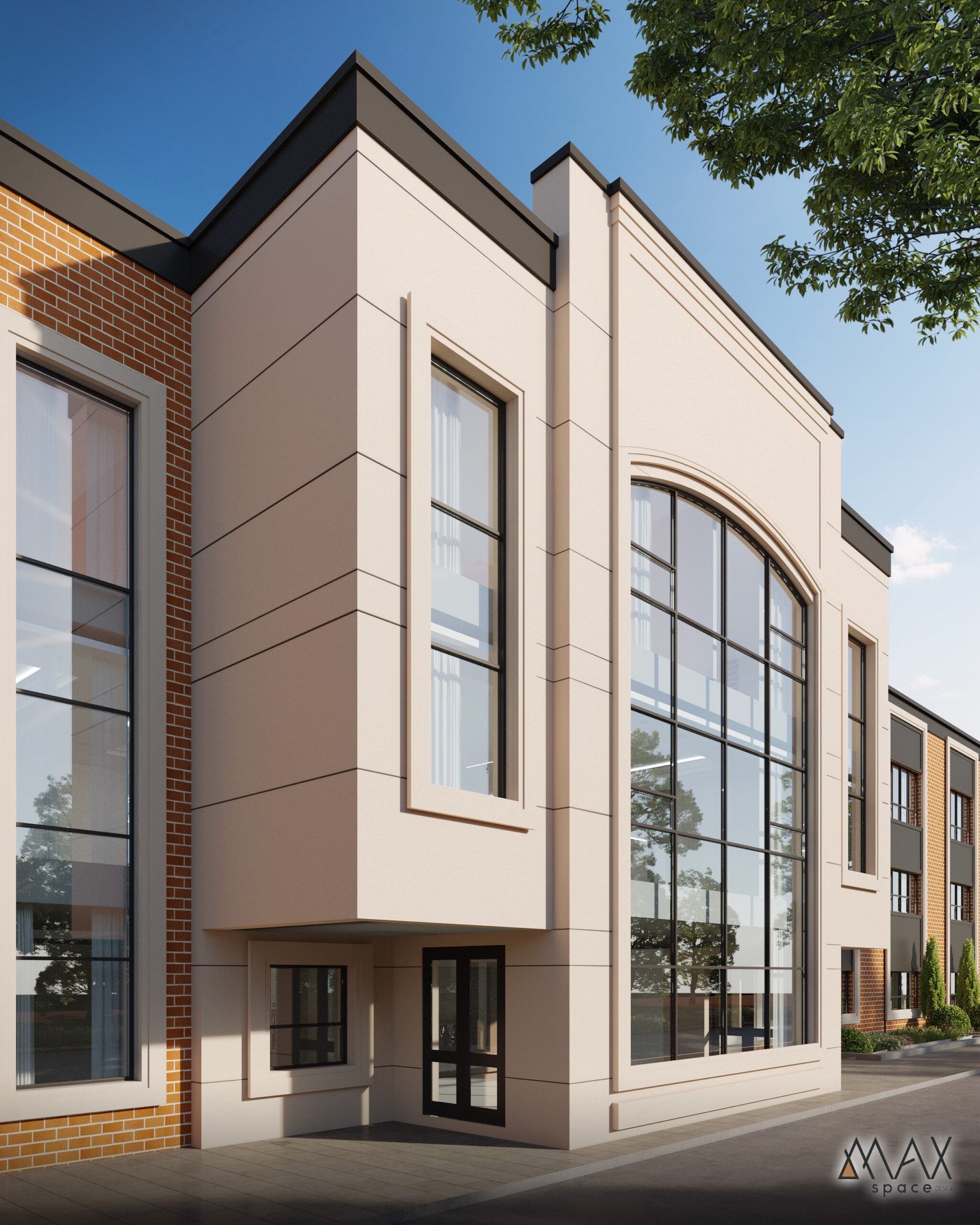 Modern building with large glass windows.
