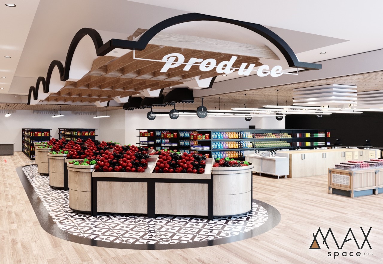 Modern supermarket produce section with fresh fruits.