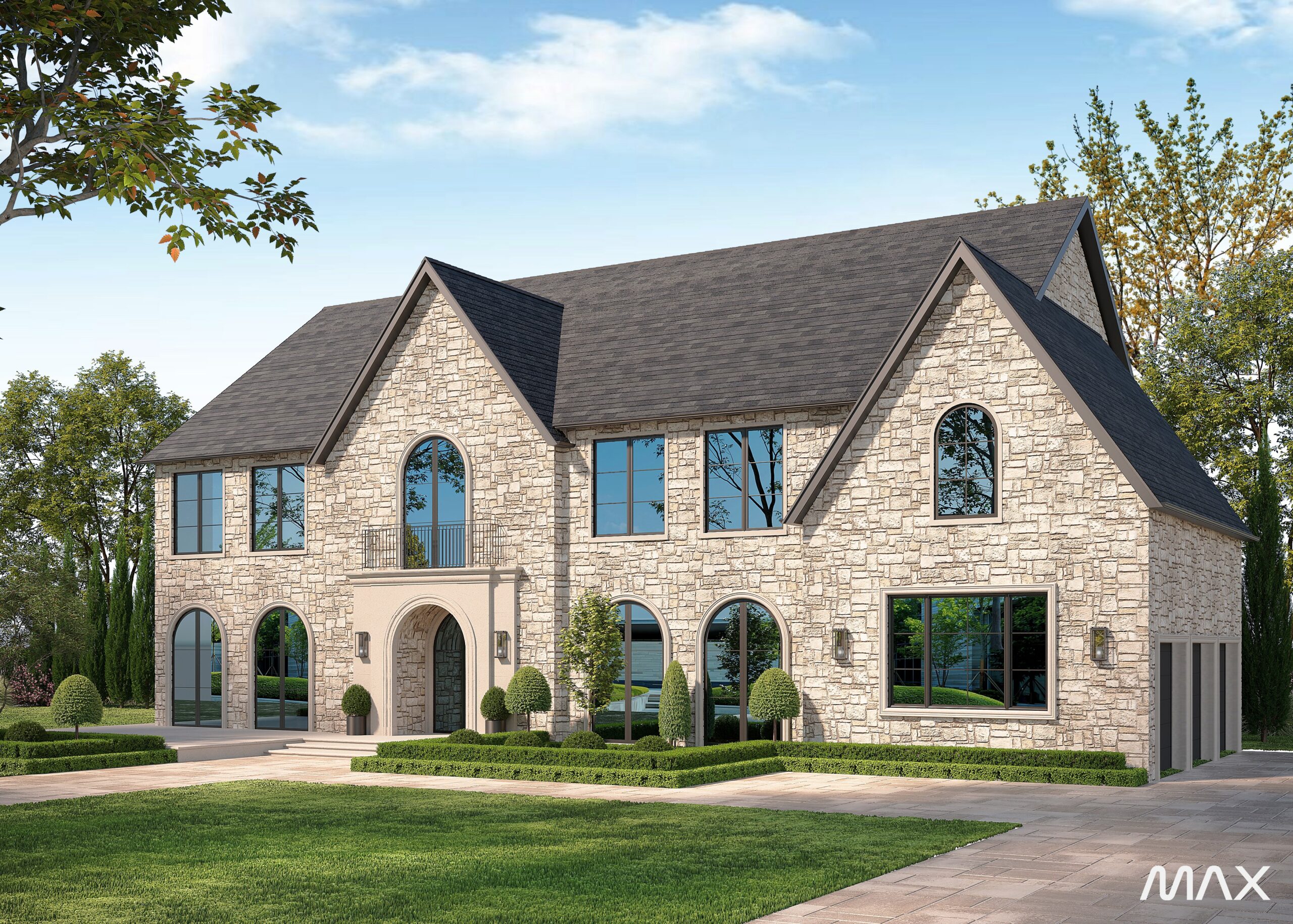 Stone house with arched windows and garden.