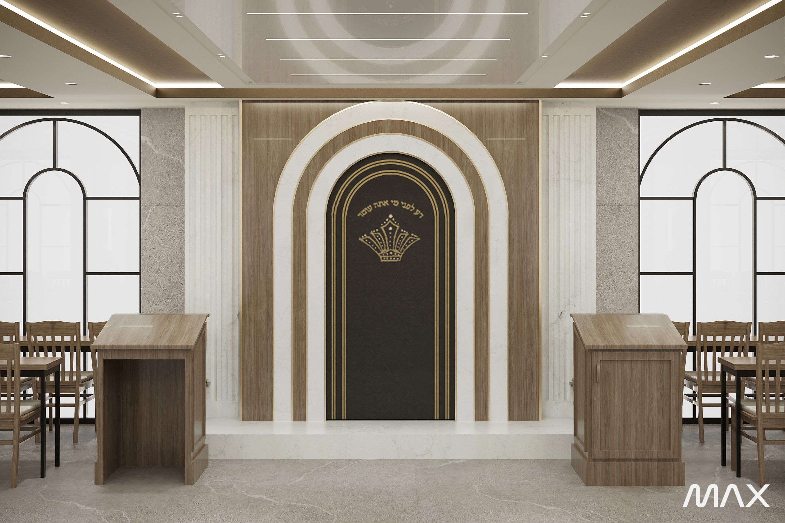 Modern synagogue interior with arched design.