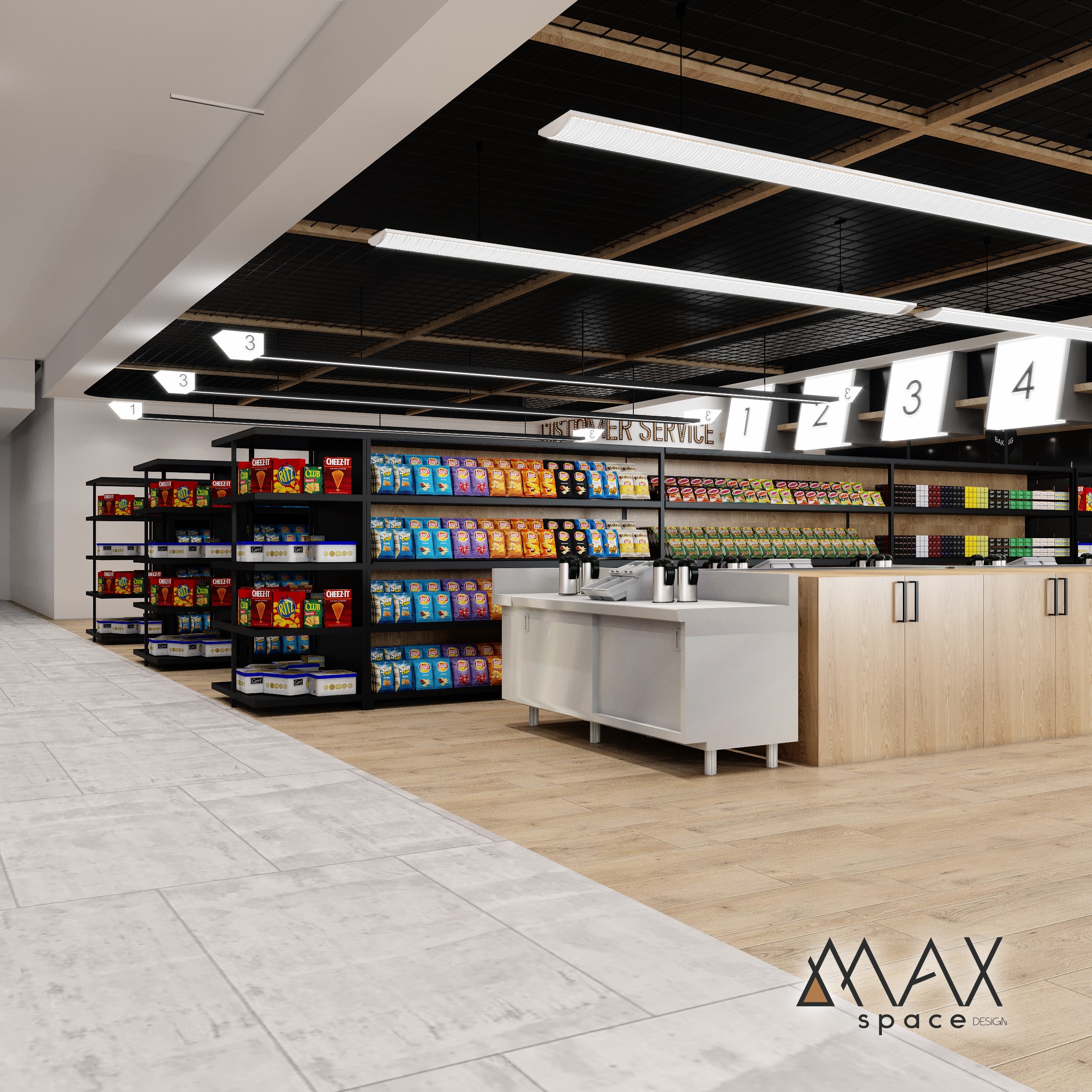 Modern supermarket interior with checkout counters.