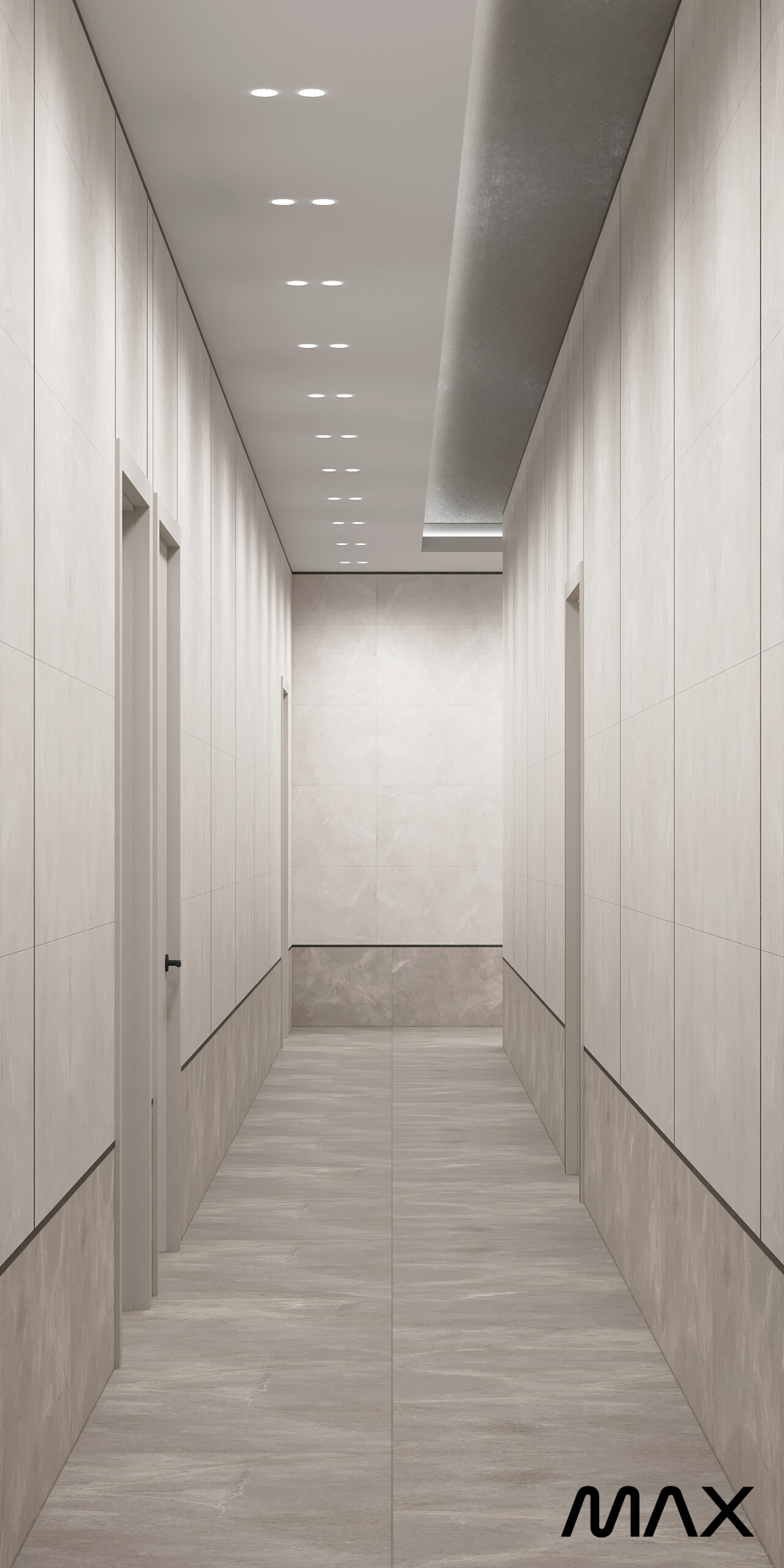 Modern minimalist hallway with recessed lighting.