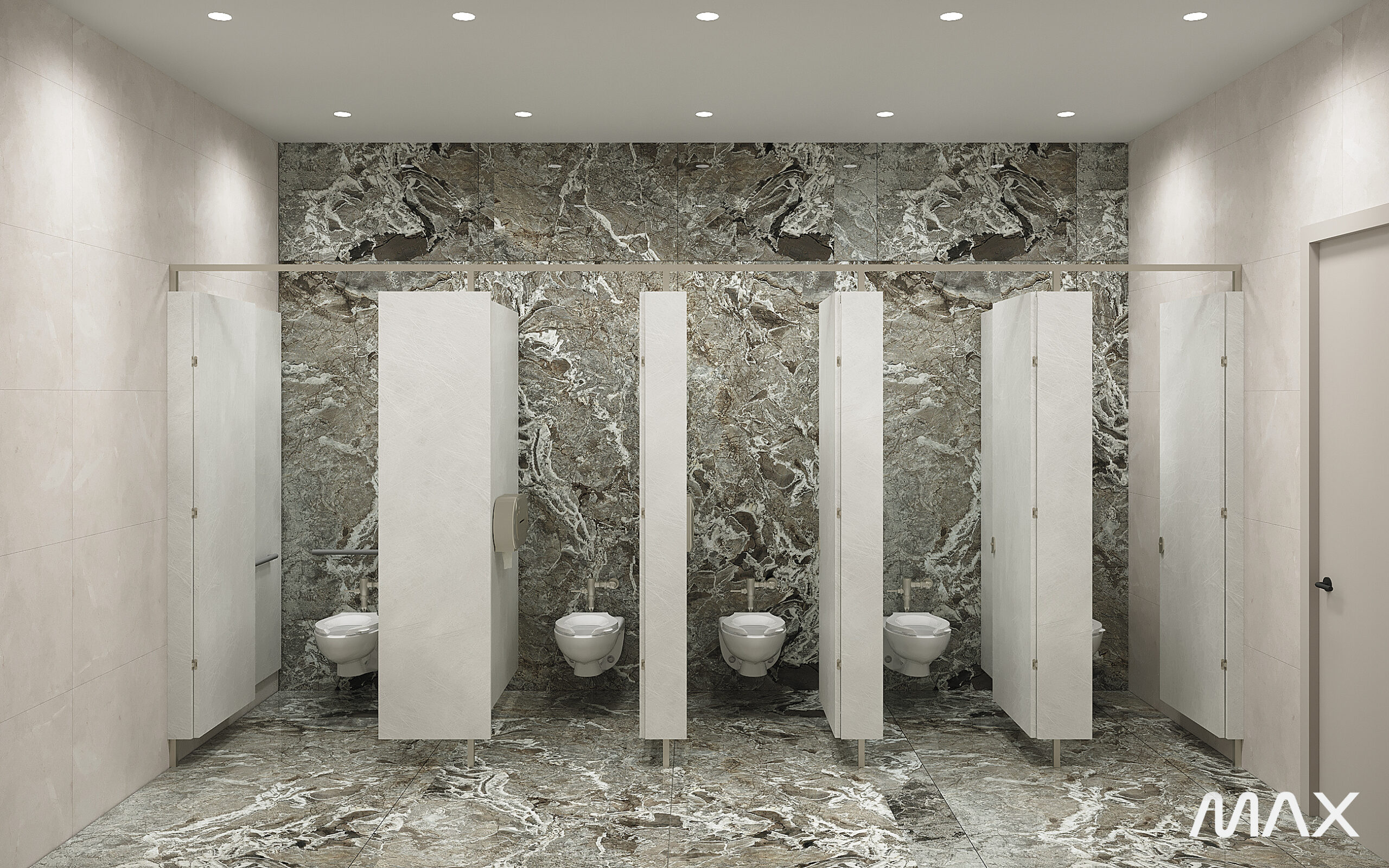 Modern restroom with marble partitions and toilets.