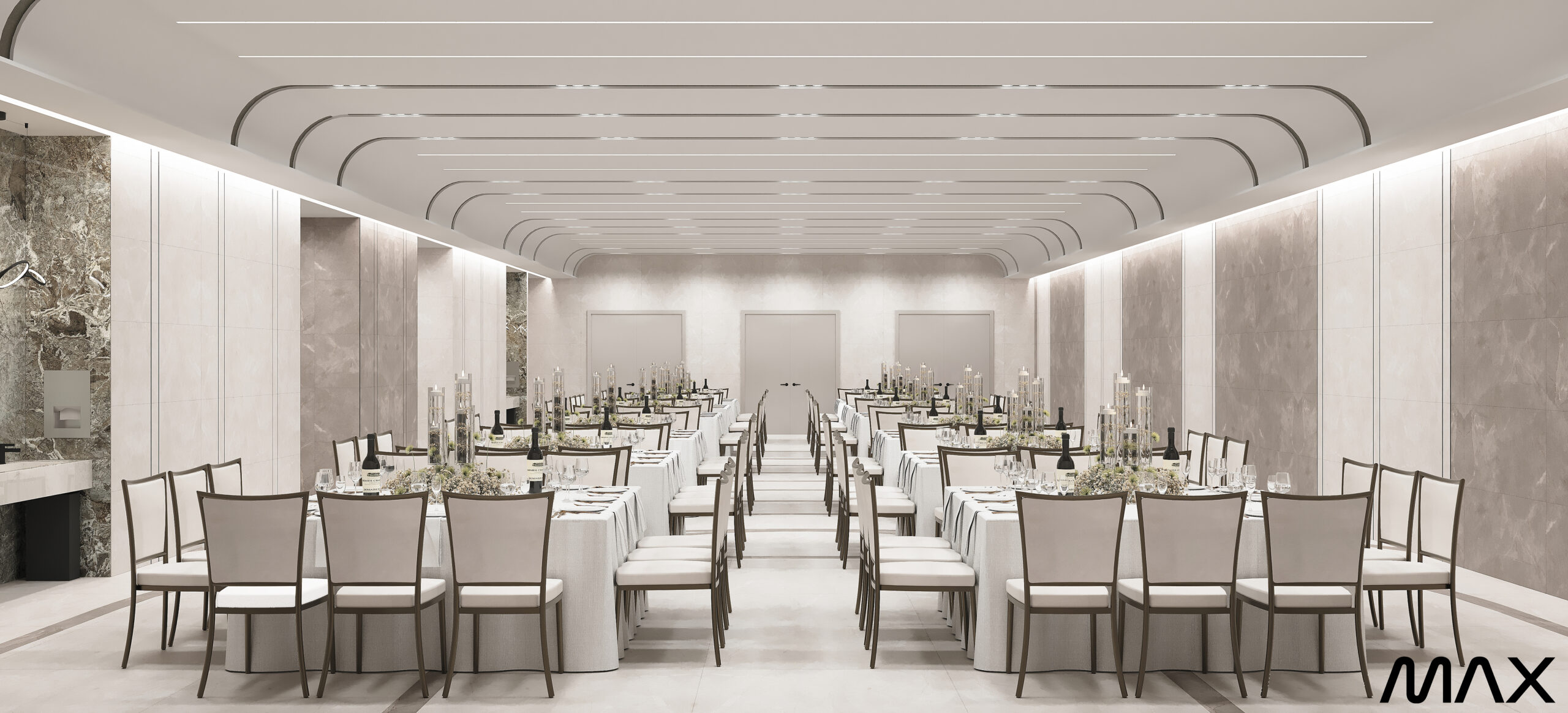 Elegant banquet hall with arranged dining tables.