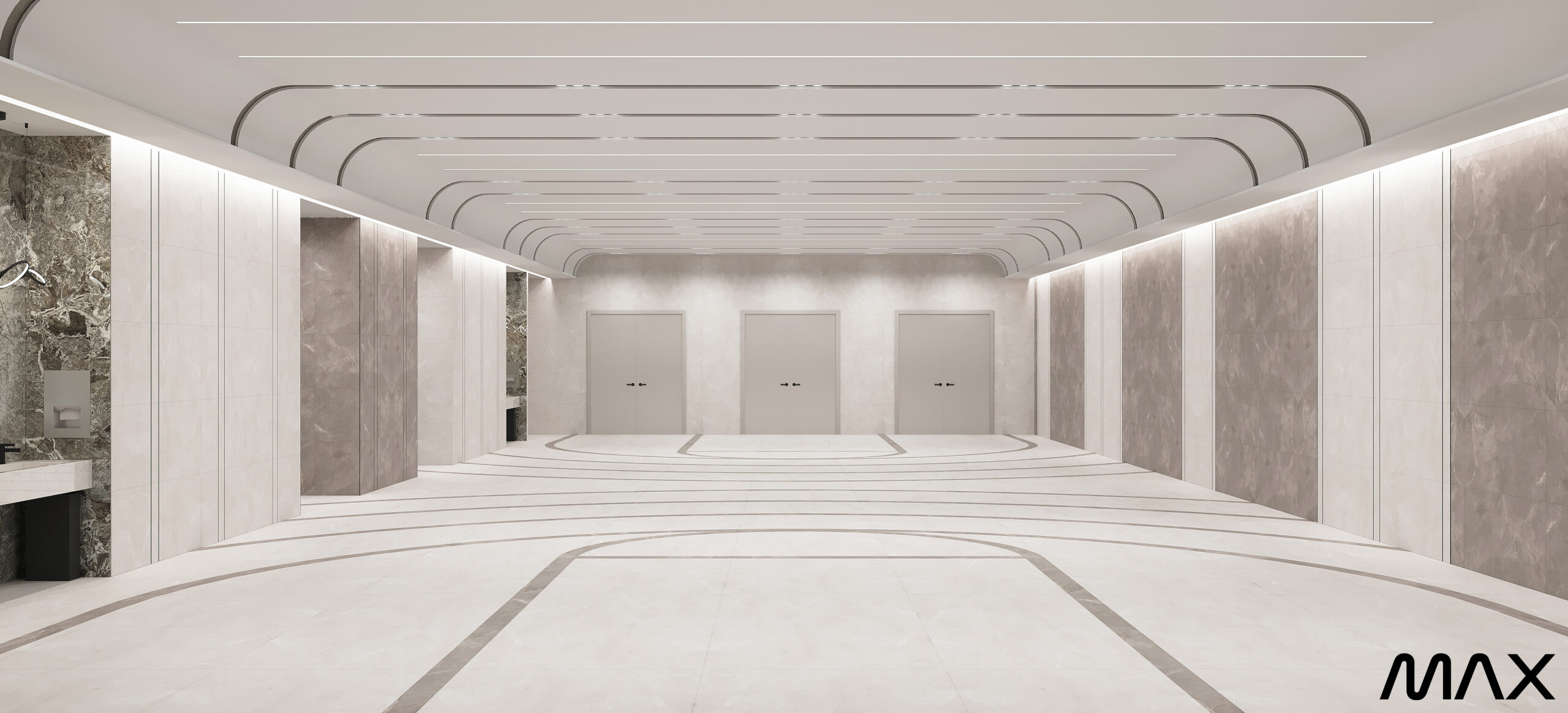 Minimalist modern hallway with geometric ceiling design.
