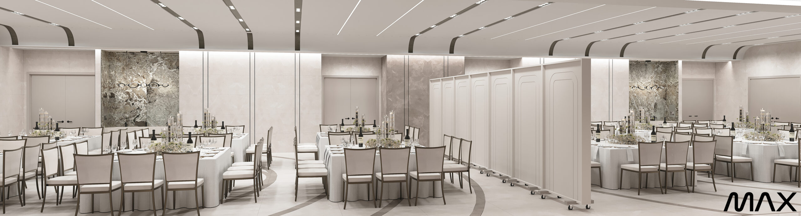 Elegant banquet hall with round dining tables.