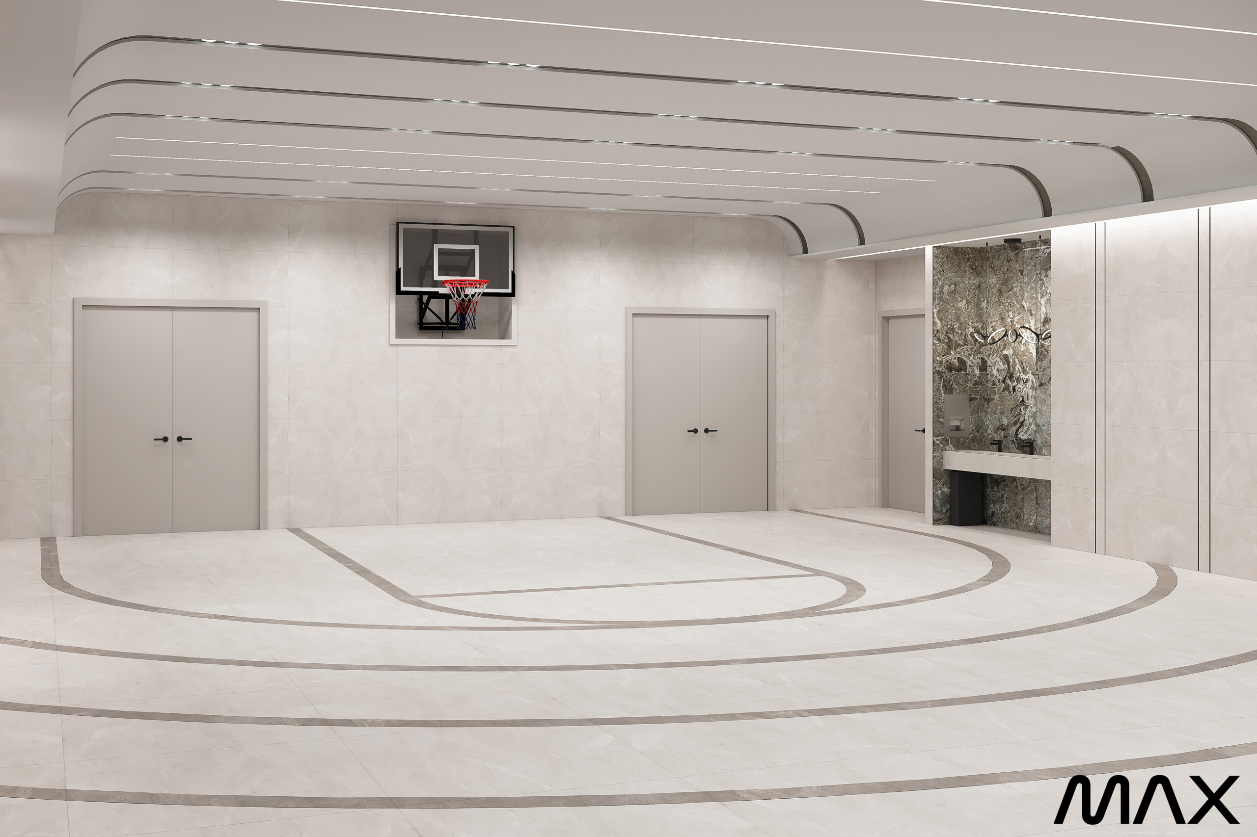 Indoor basketball court with modern minimalist design.