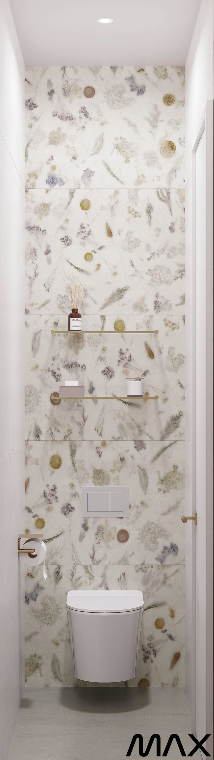 Floral wallpaper bathroom with floating shelves.