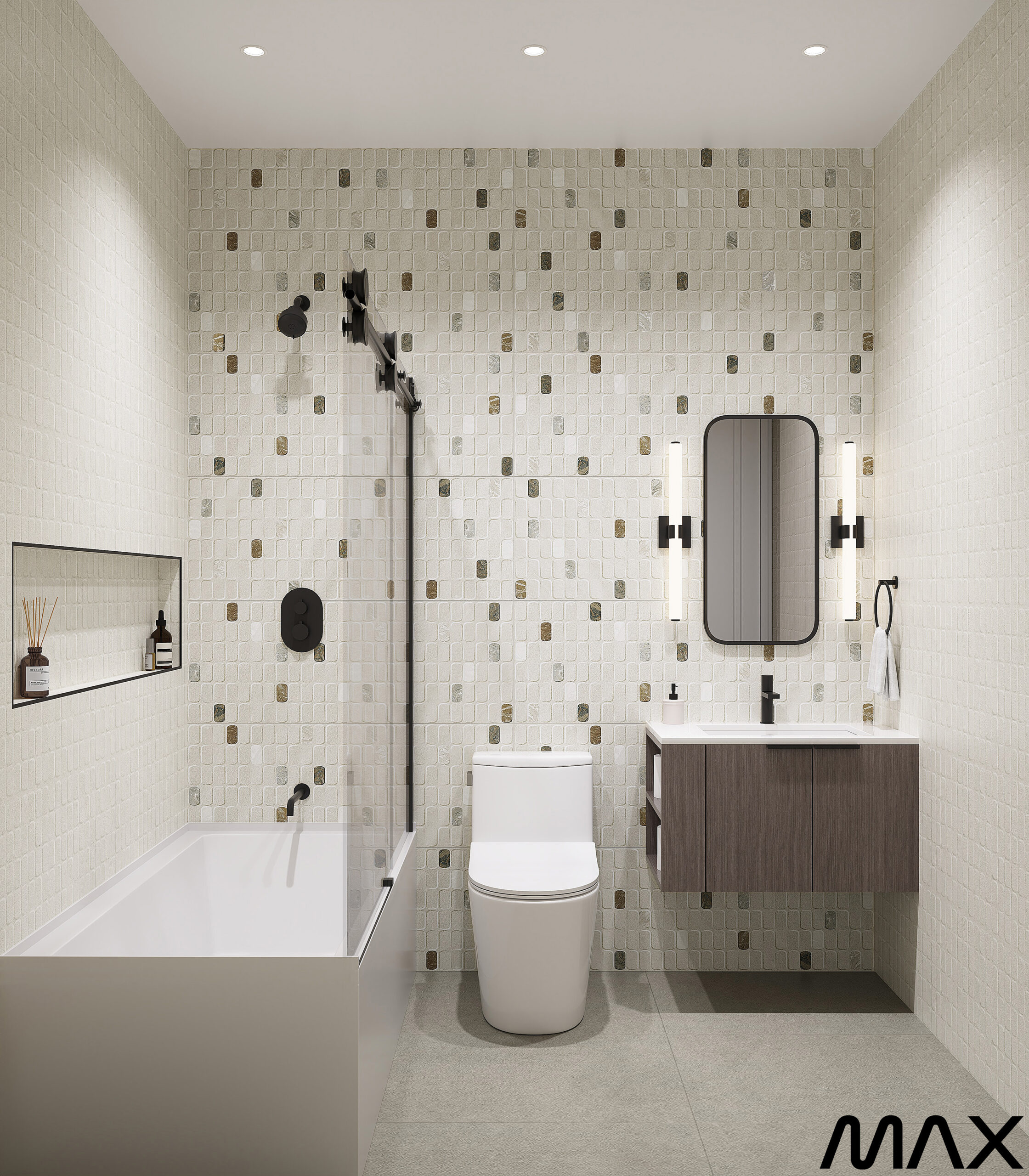 Modern bathroom with tiled walls and fixtures.