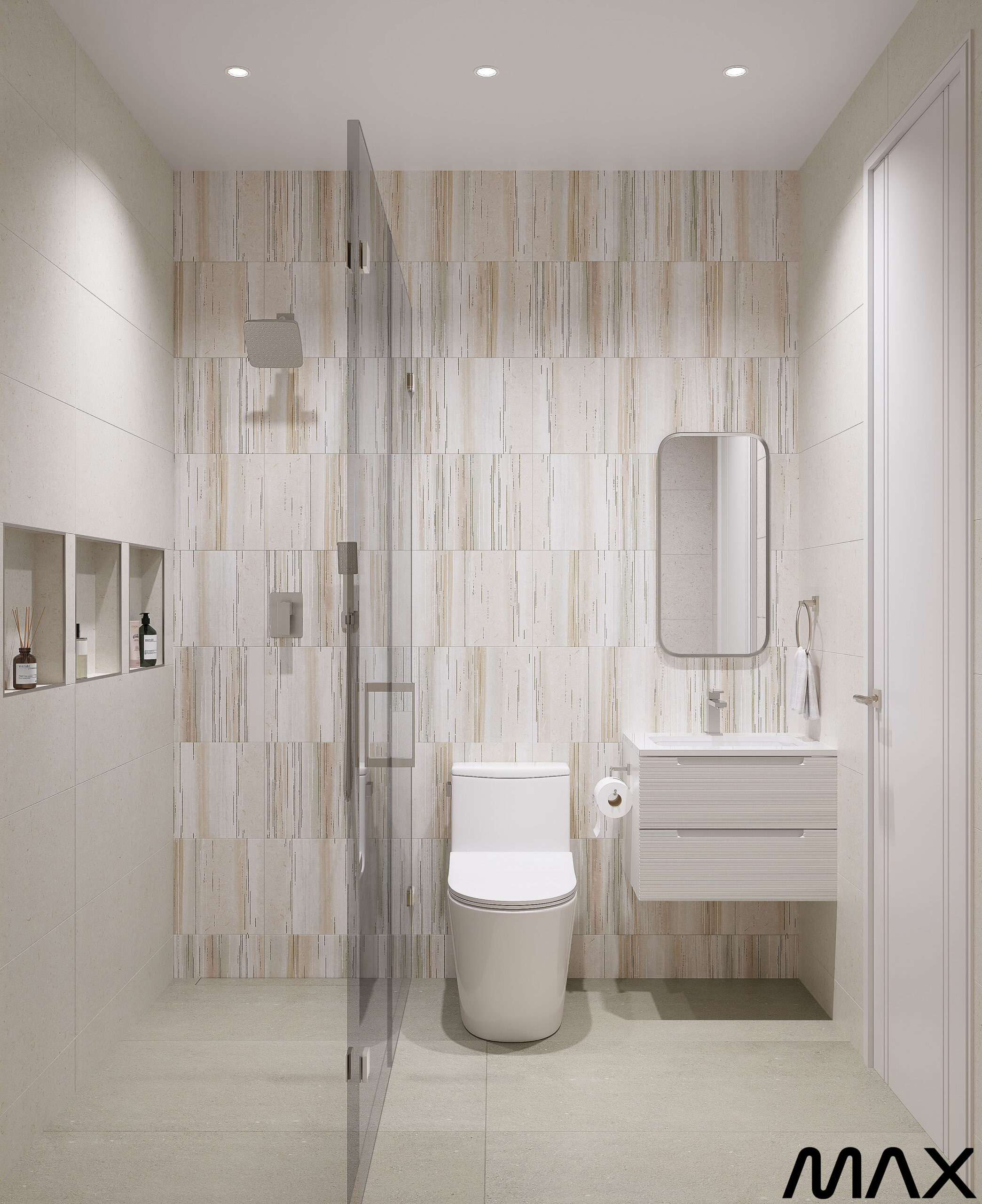 Modern minimalist bathroom with shower and toilet.