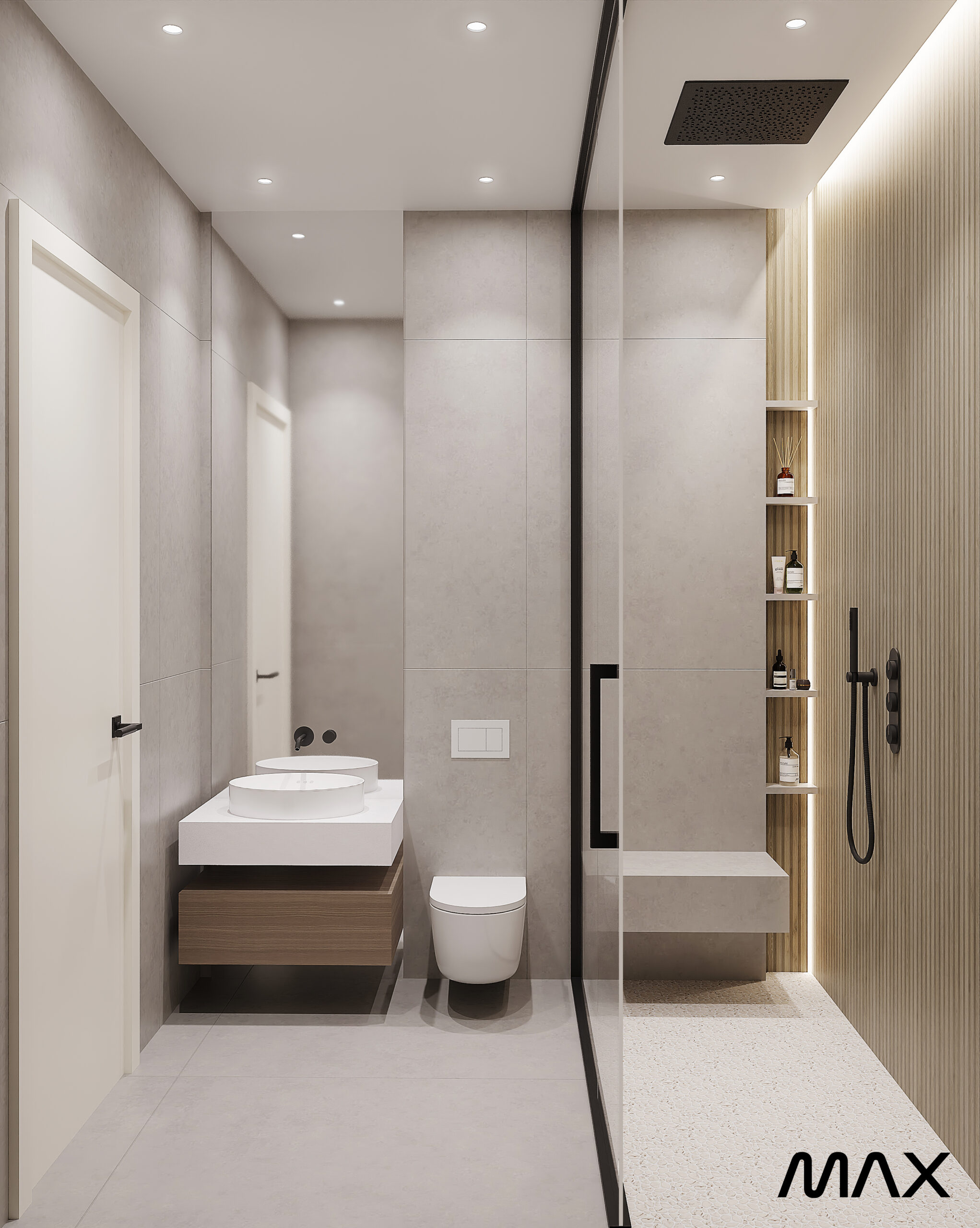 Modern minimalist bathroom with shower and vanity.