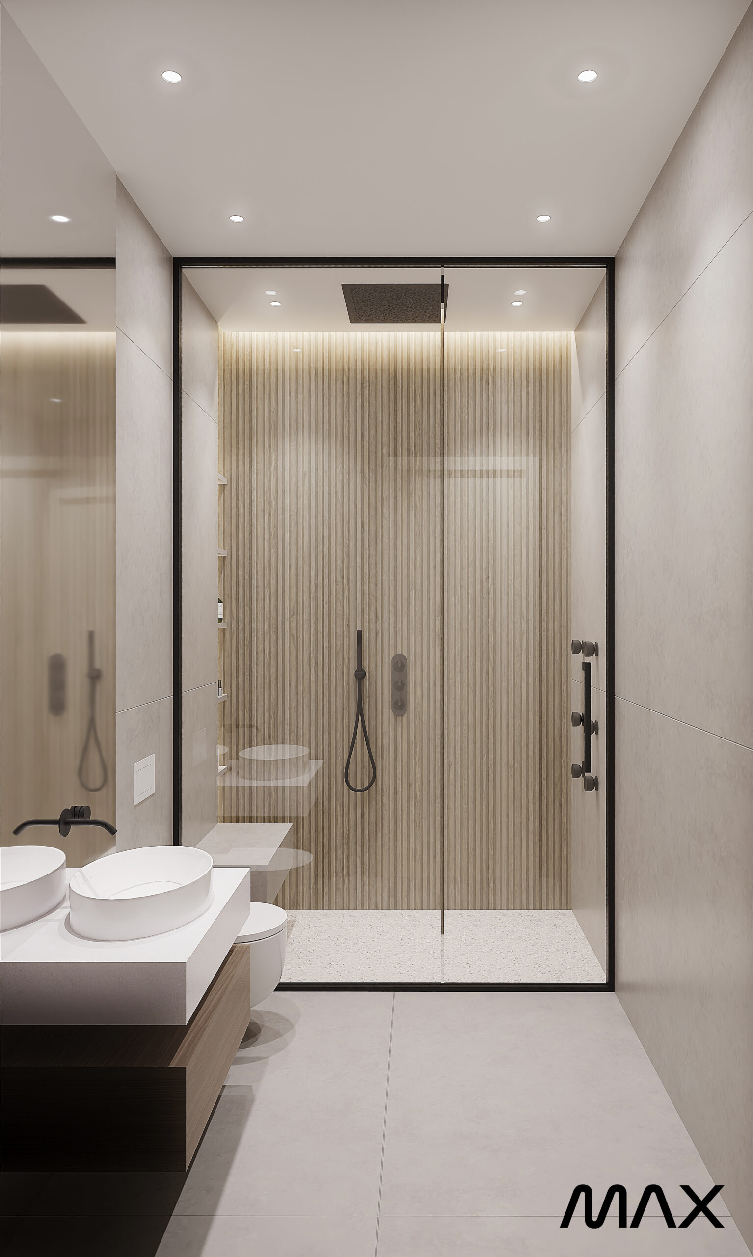 Minimalist bathroom with shower and double sinks.