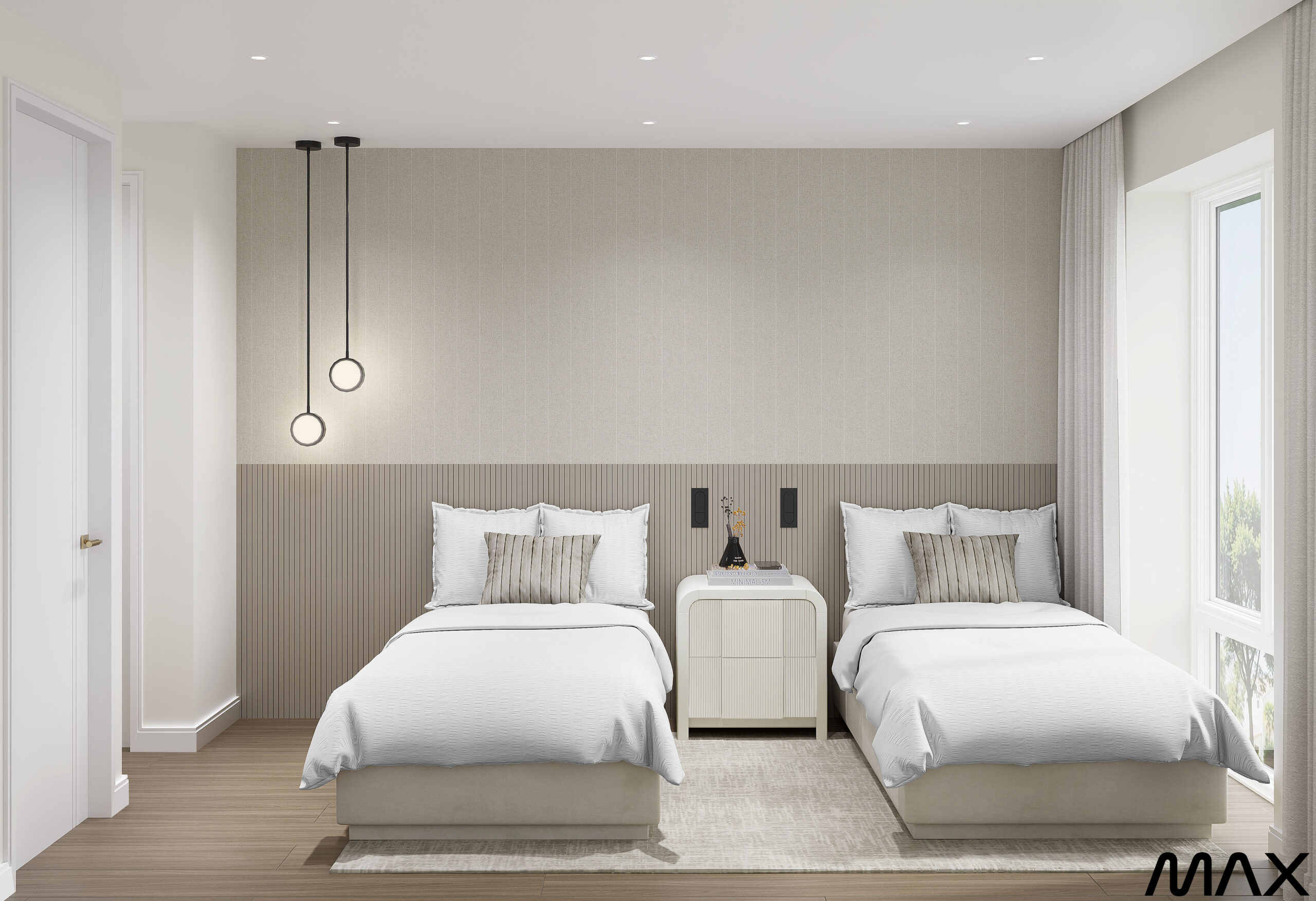 Modern twin bedroom with minimalistic decor.