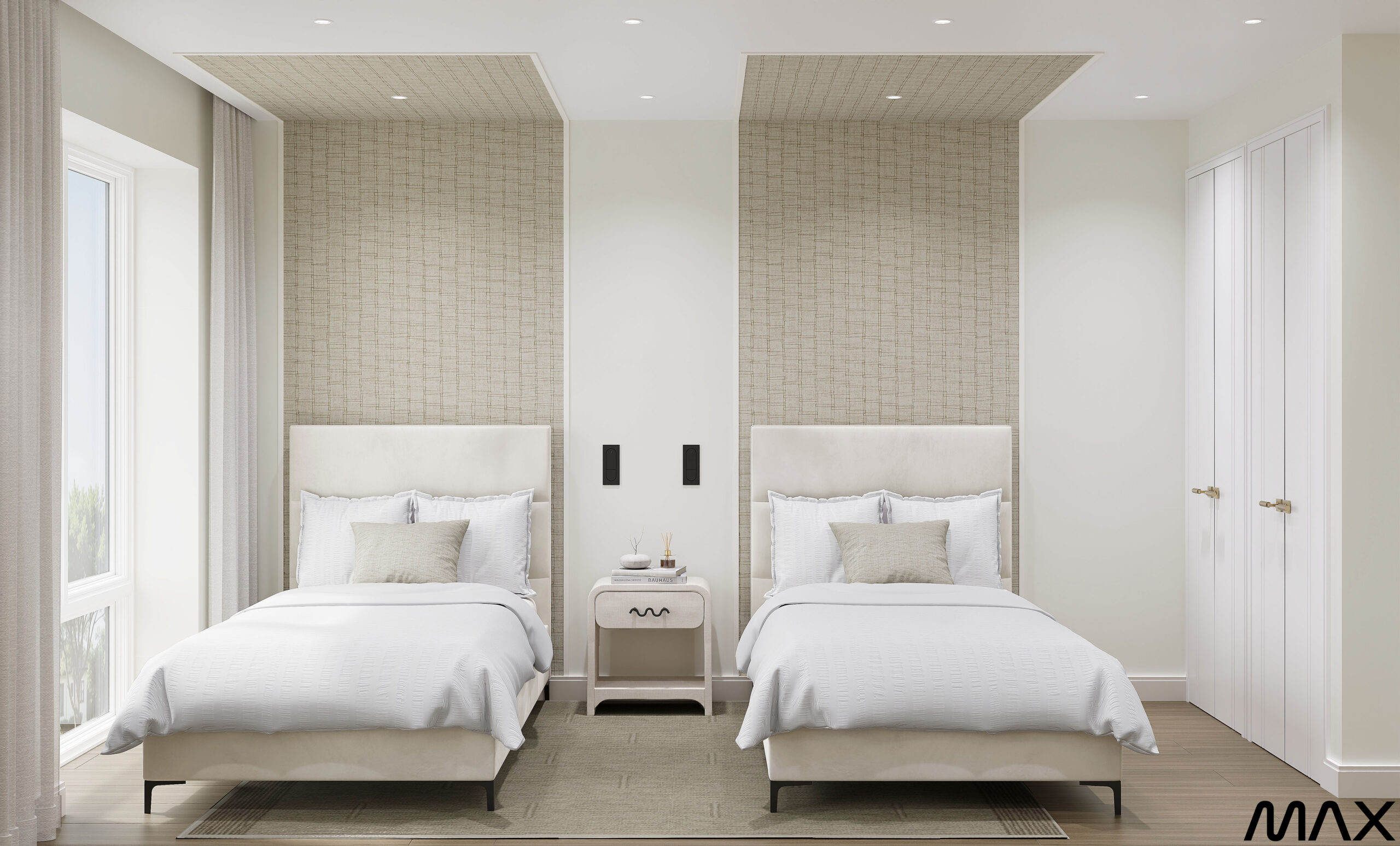 Modern bedroom with two single beds.