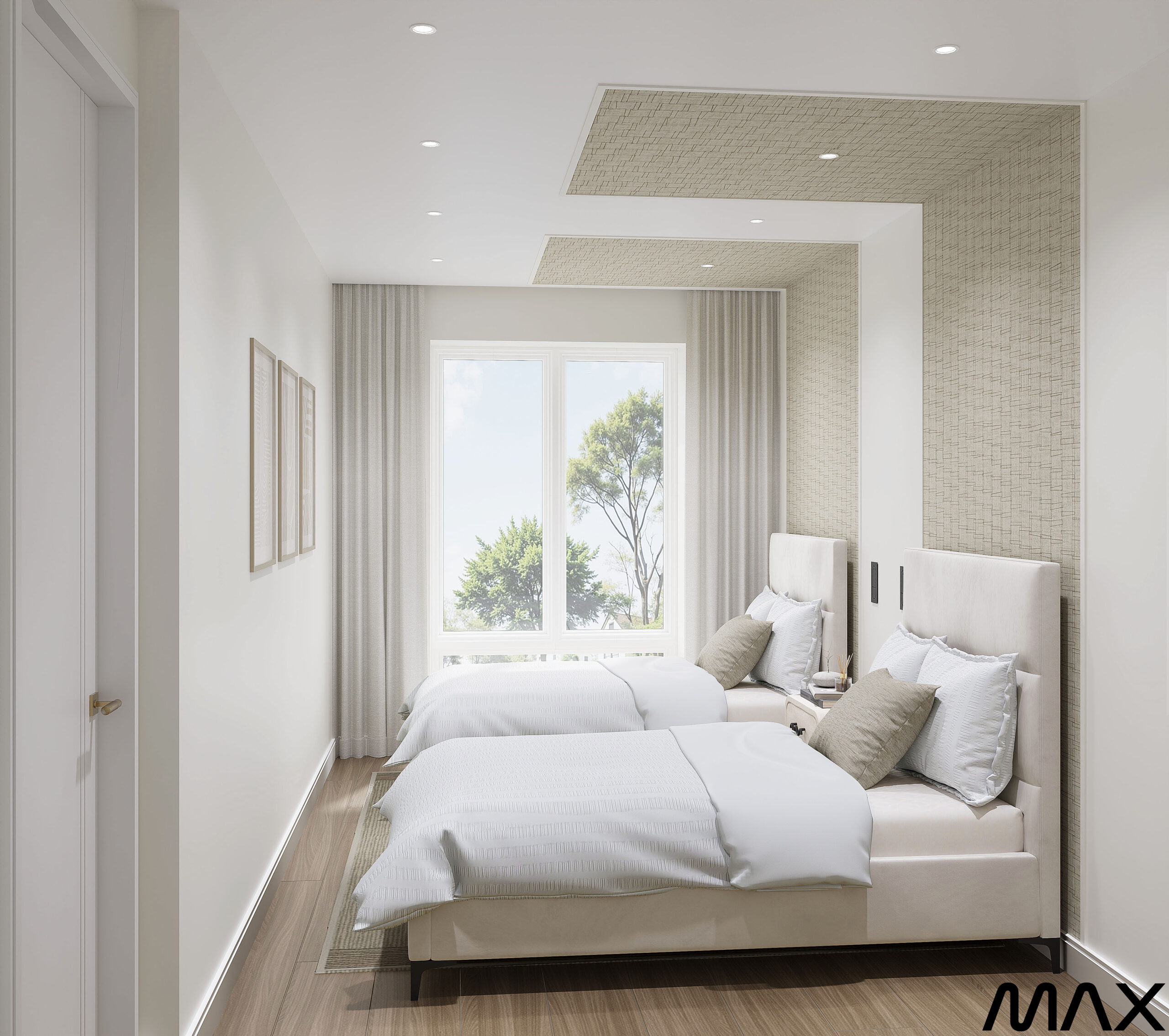 Modern bedroom with twin beds and window.
