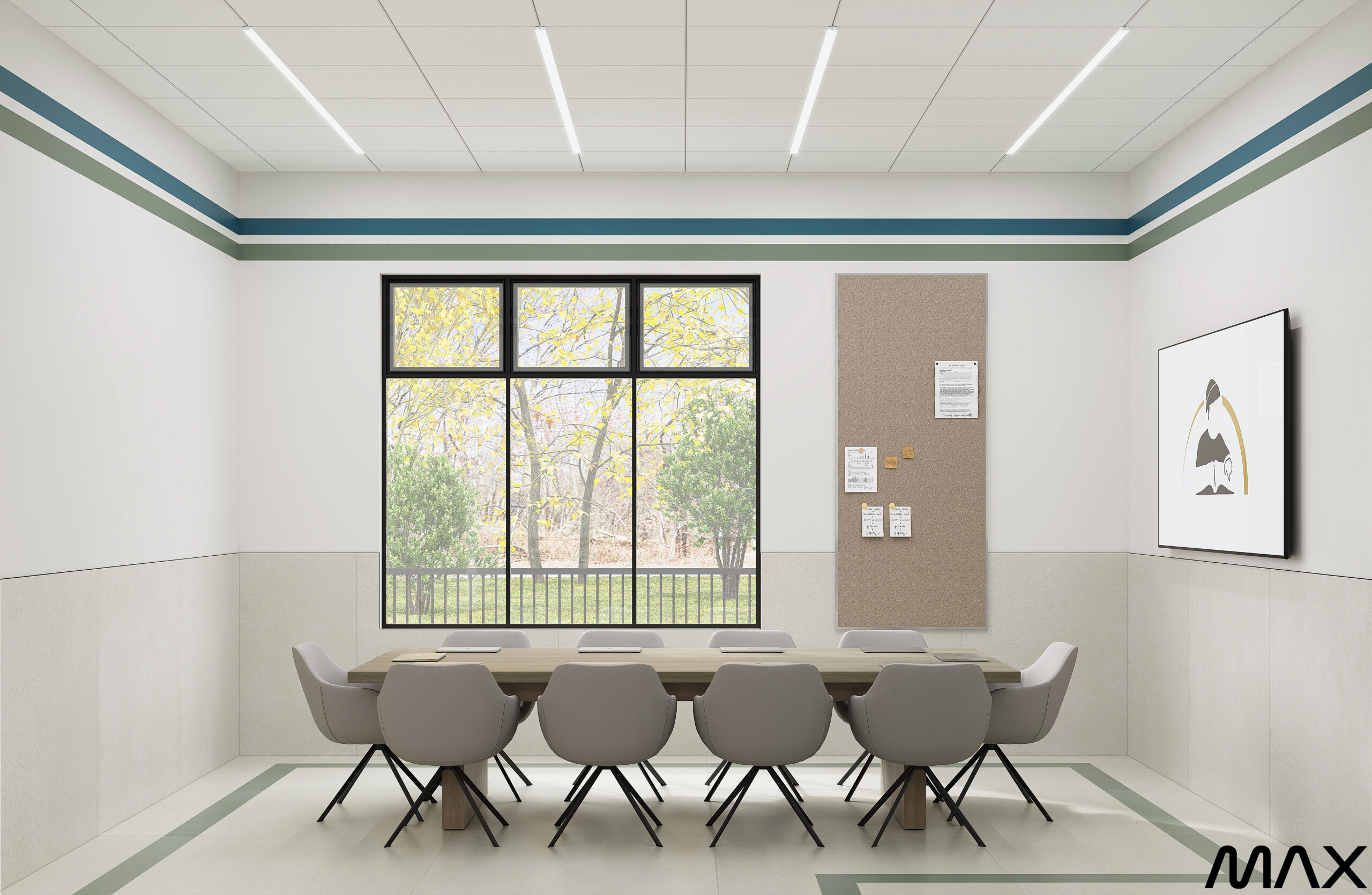 Modern conference room with large window view.
