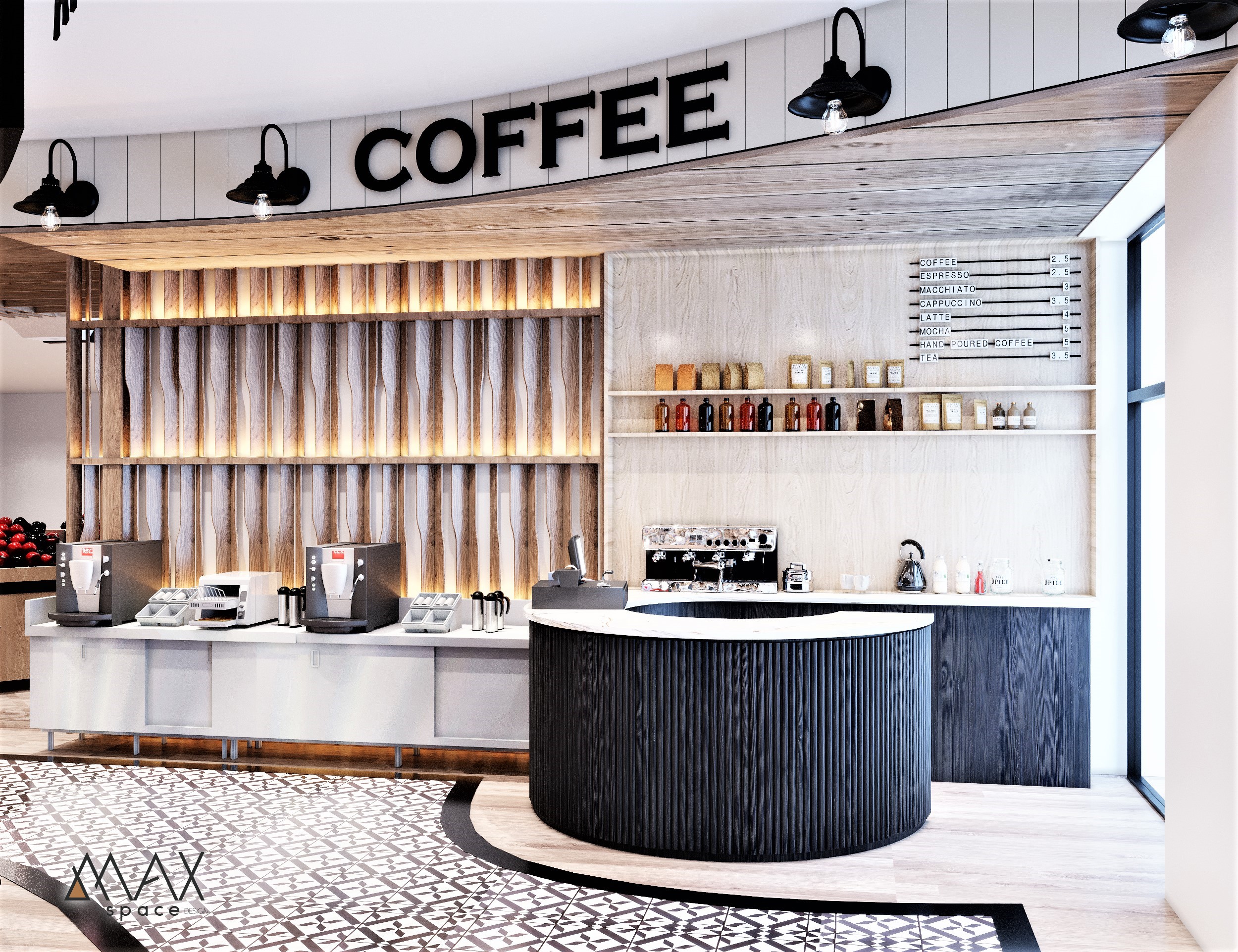 Modern coffee shop interior with equipment.