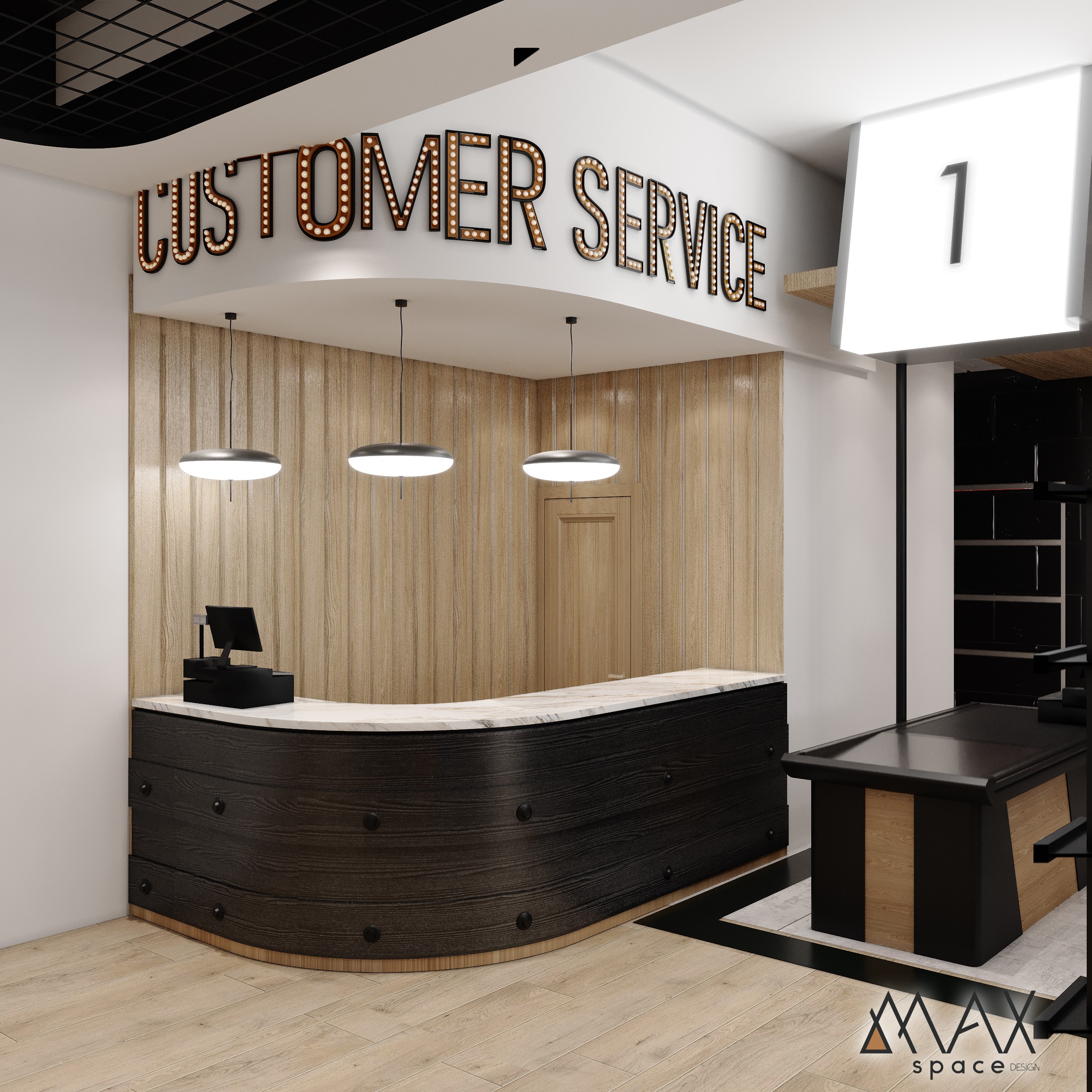 Customer service desk with decorative lighting.