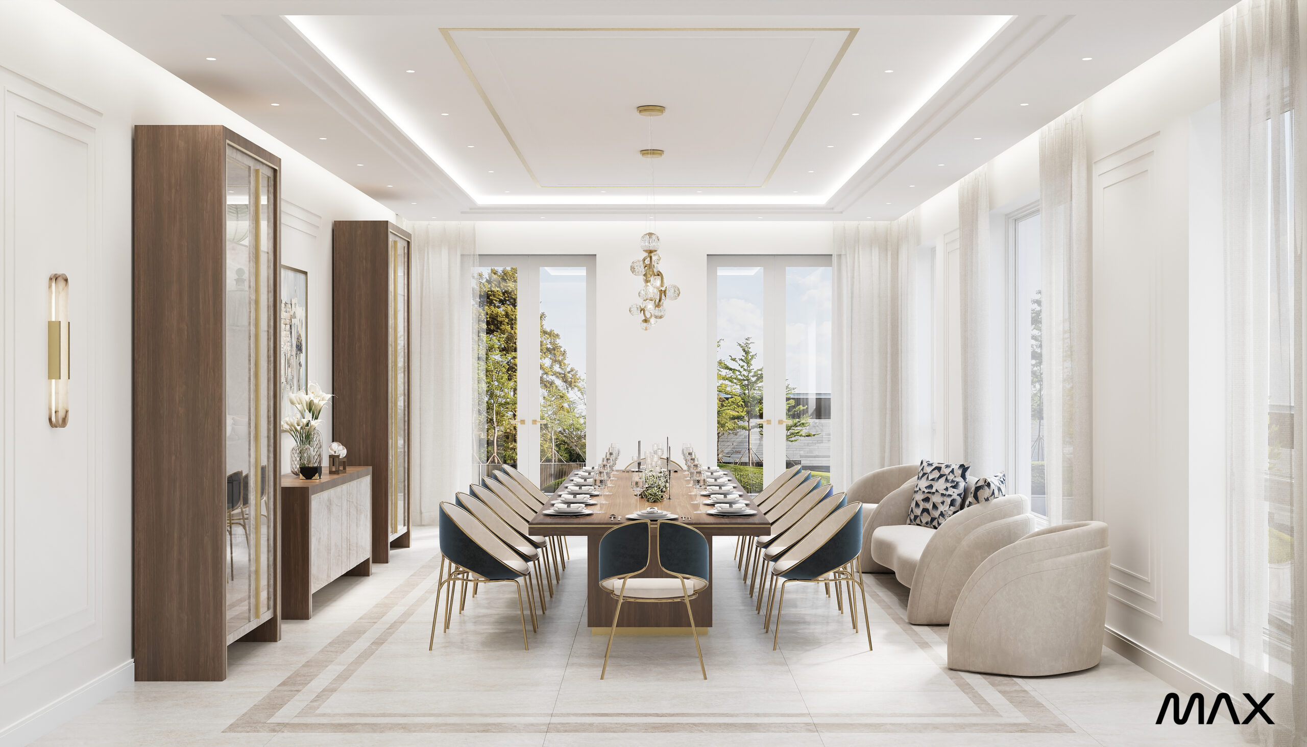 Elegant dining room with large table setup.
