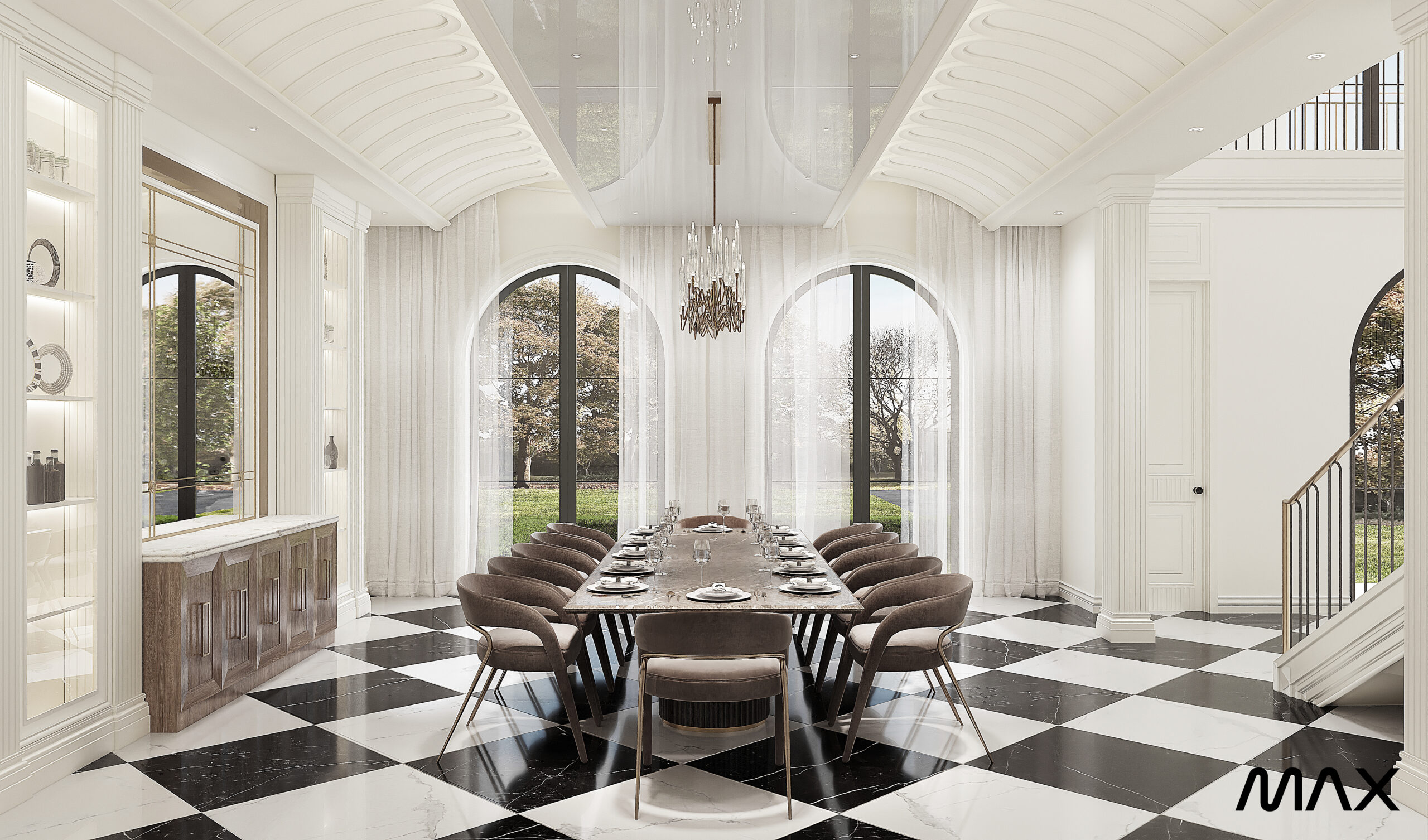 Elegant dining room with checkered floor tiles.