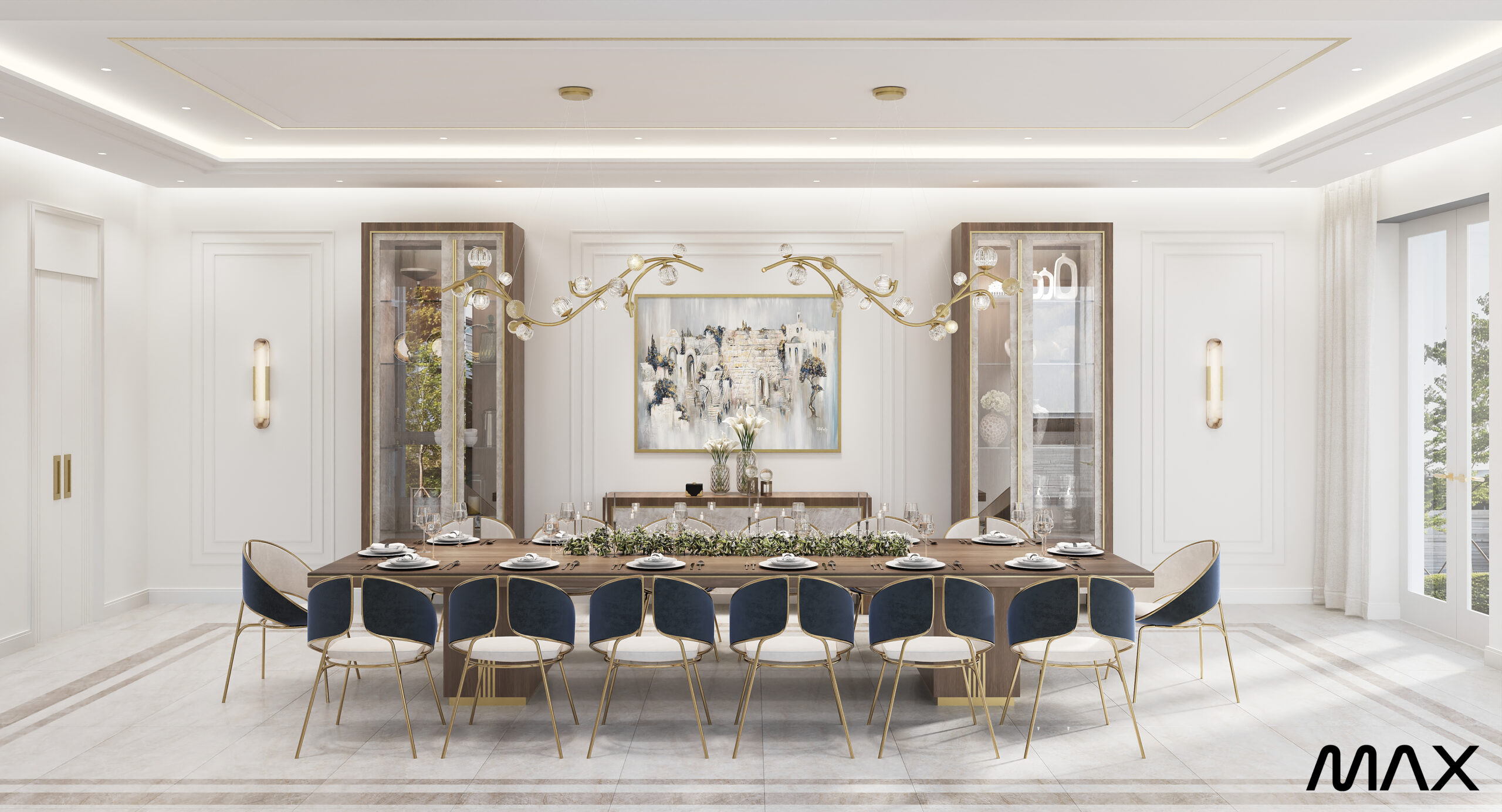 Elegant dining room with modern decor.