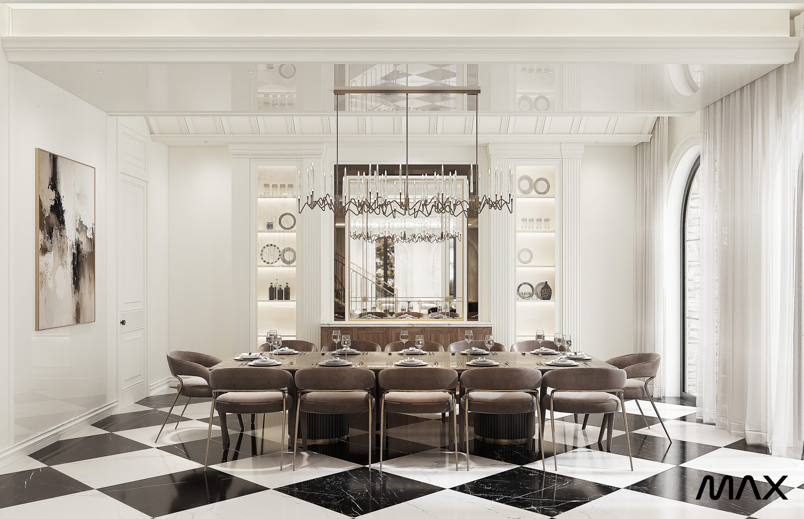 Elegant dining room with checkered floor.