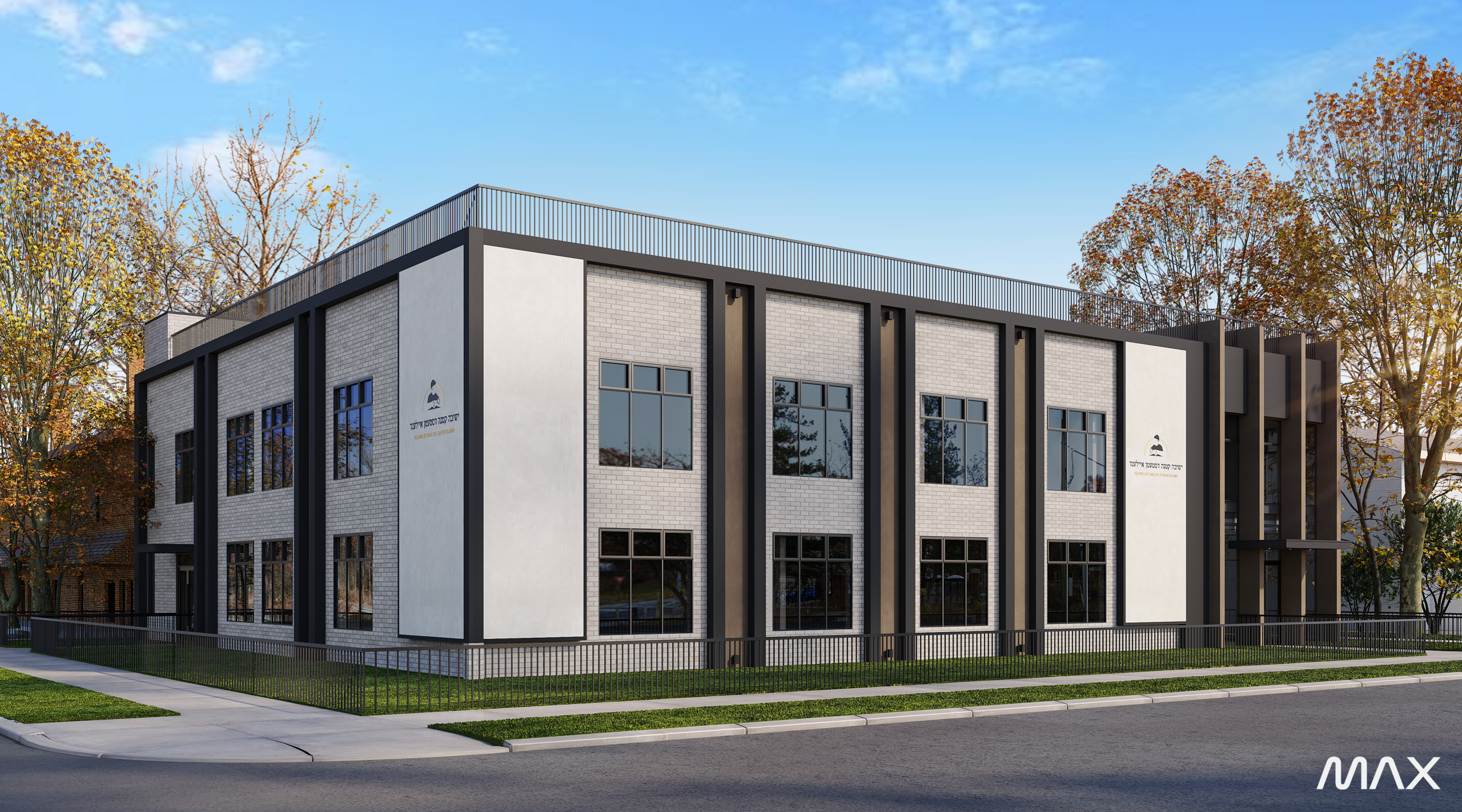 Modern two-story building with large windows.