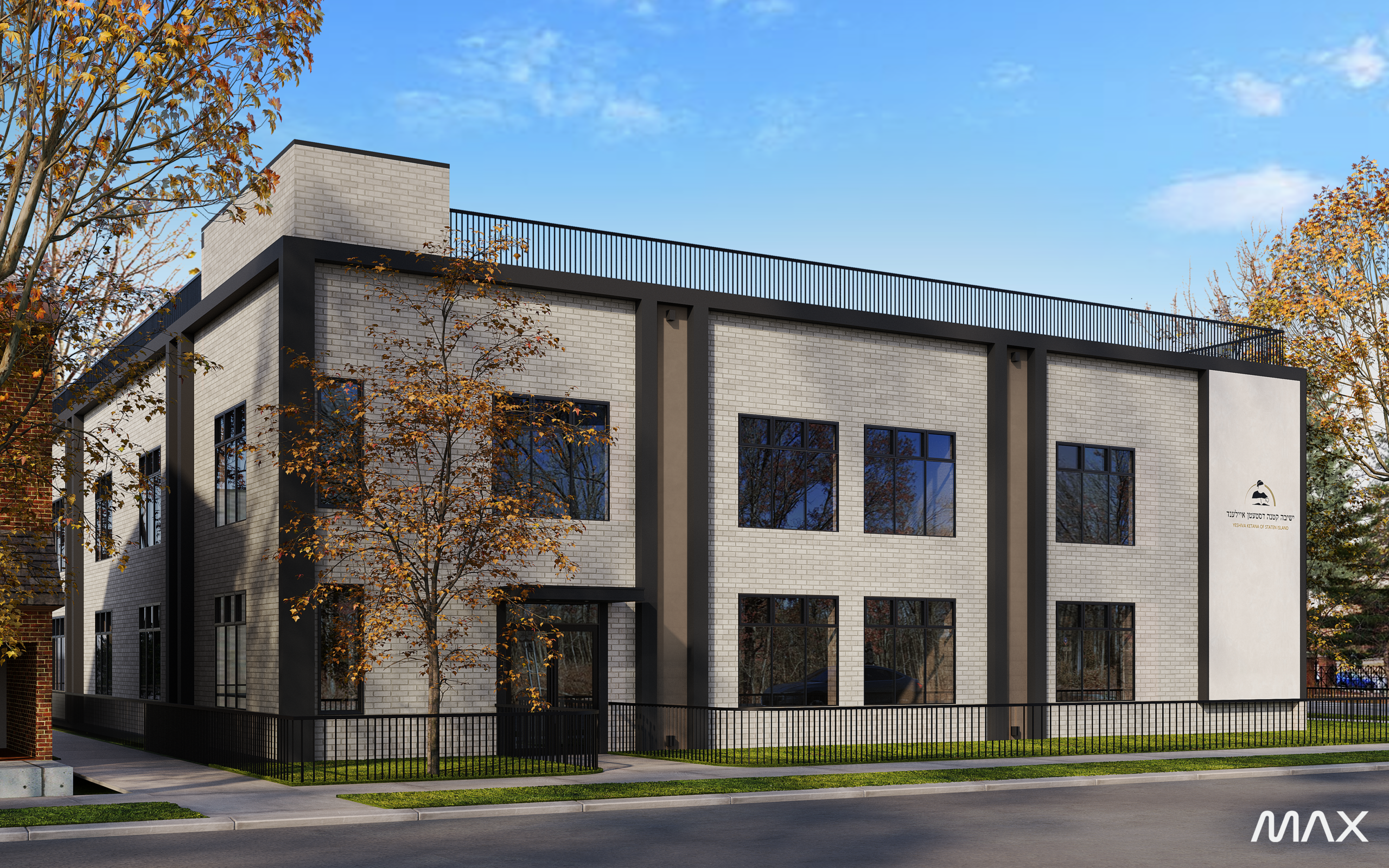 Modern two-story building with large windows.