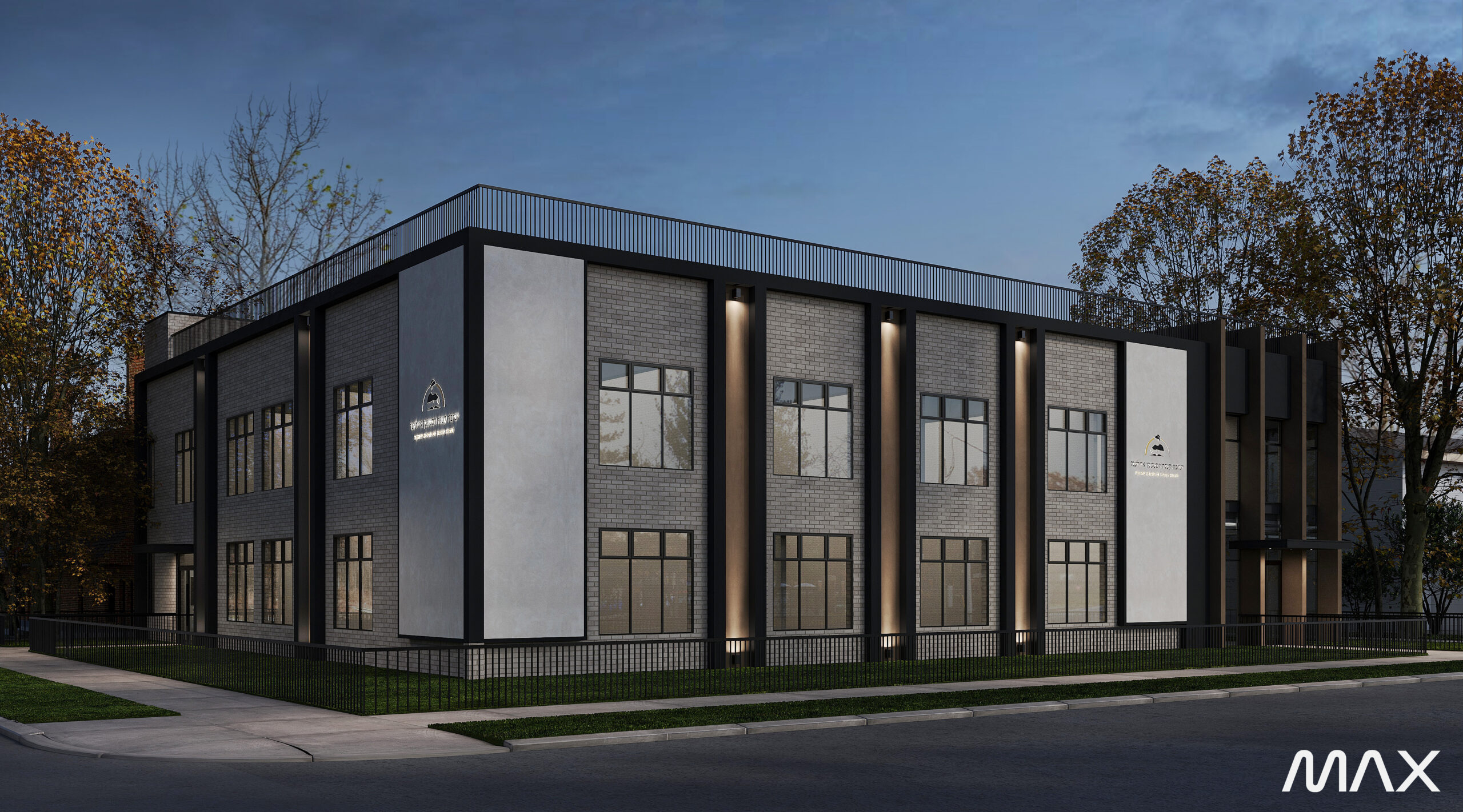 Modern two-story building at twilight.