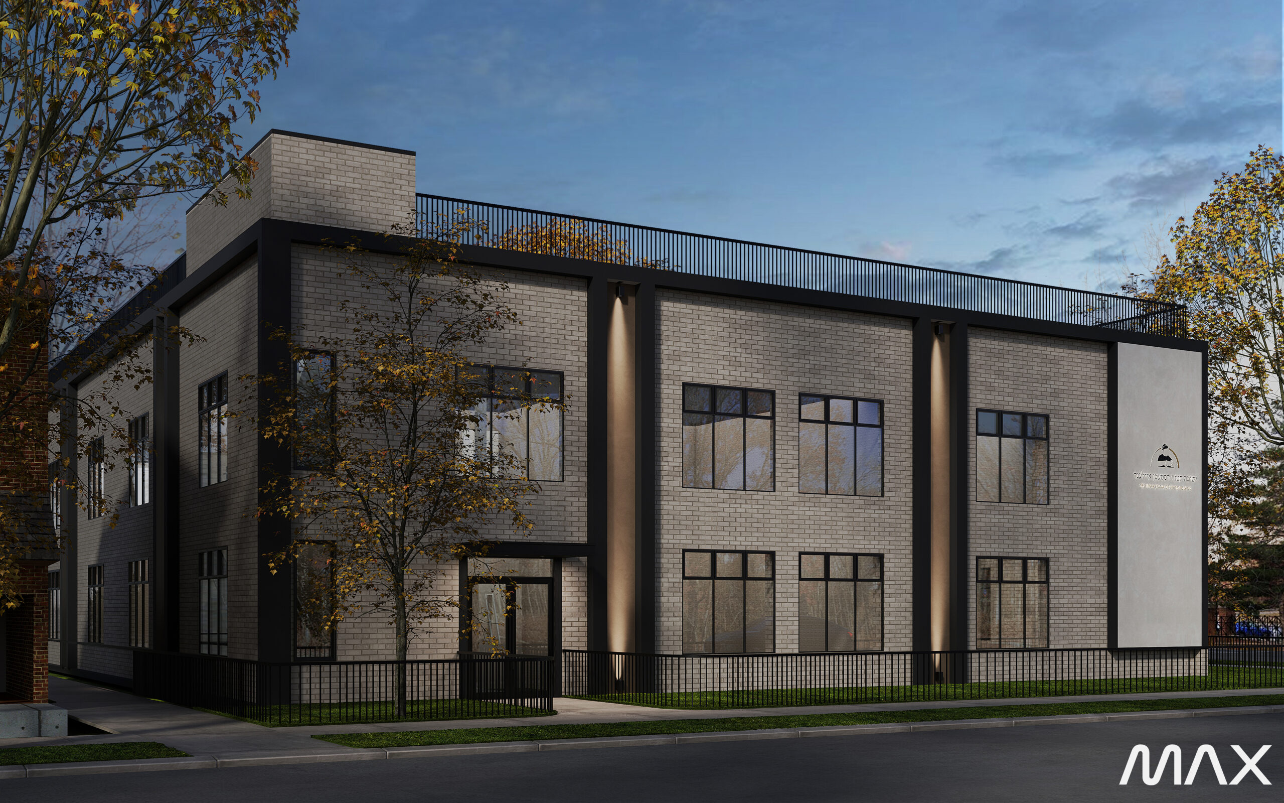 Modern two-story brick building at dusk.