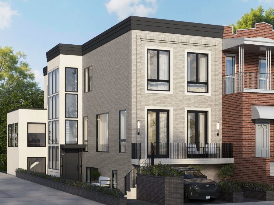 Modern multi-story residential building with garage.