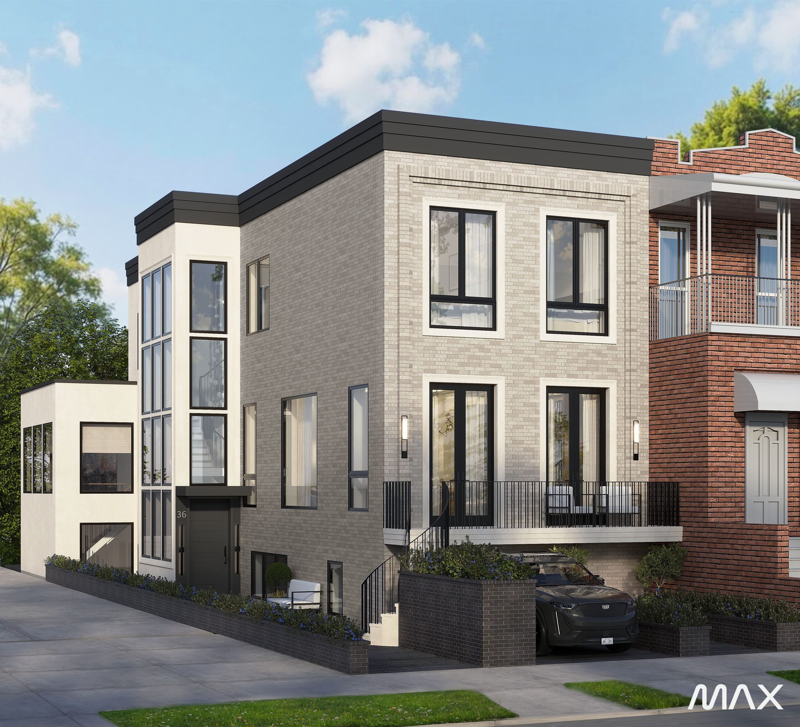 Modern multi-story residential building with garage.