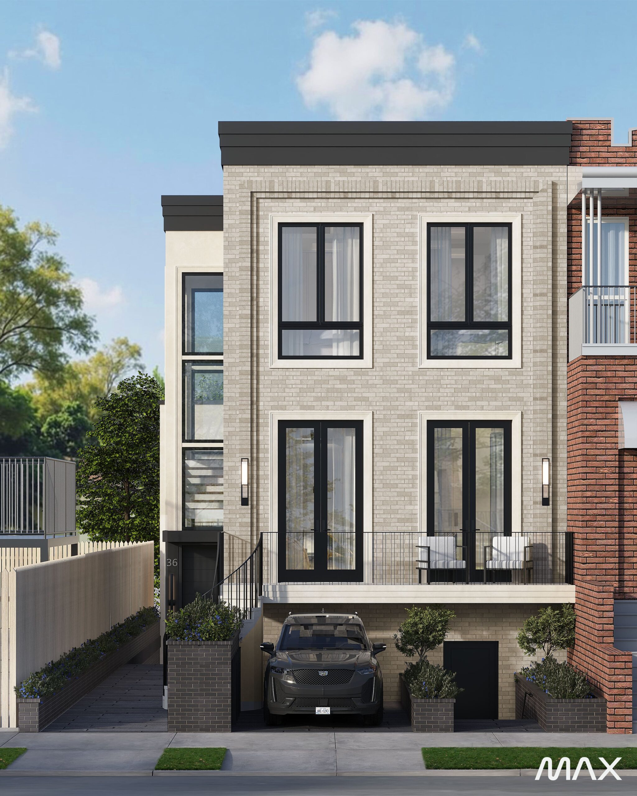 Modern two-story brick house with garage.