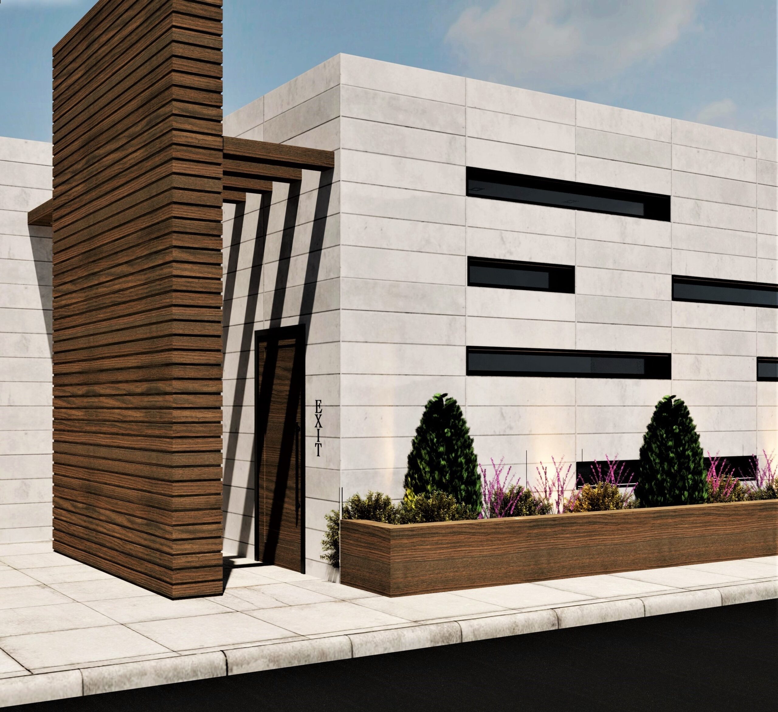 Modern building with wooden accents and plants.