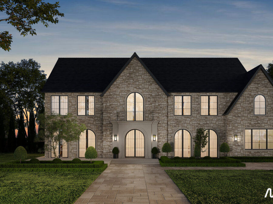 Stone mansion with garden at sunset.