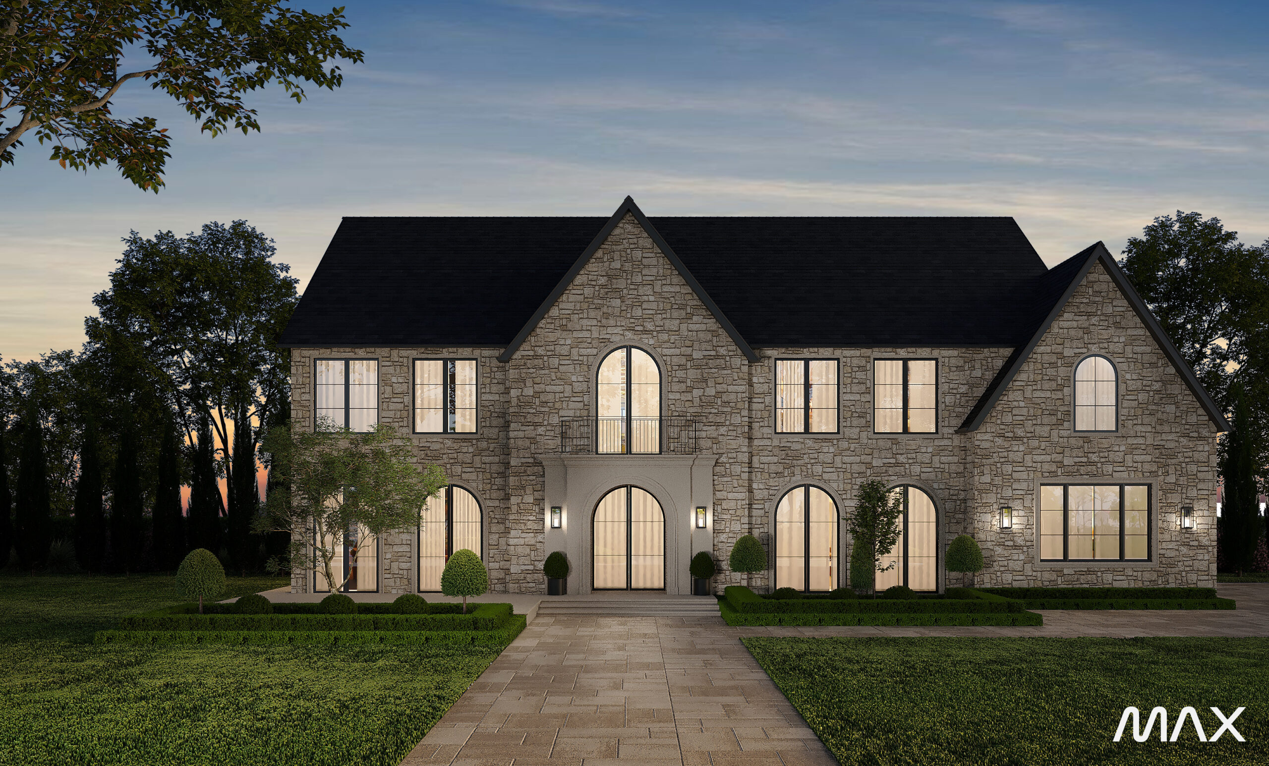 Stone mansion with garden at sunset.