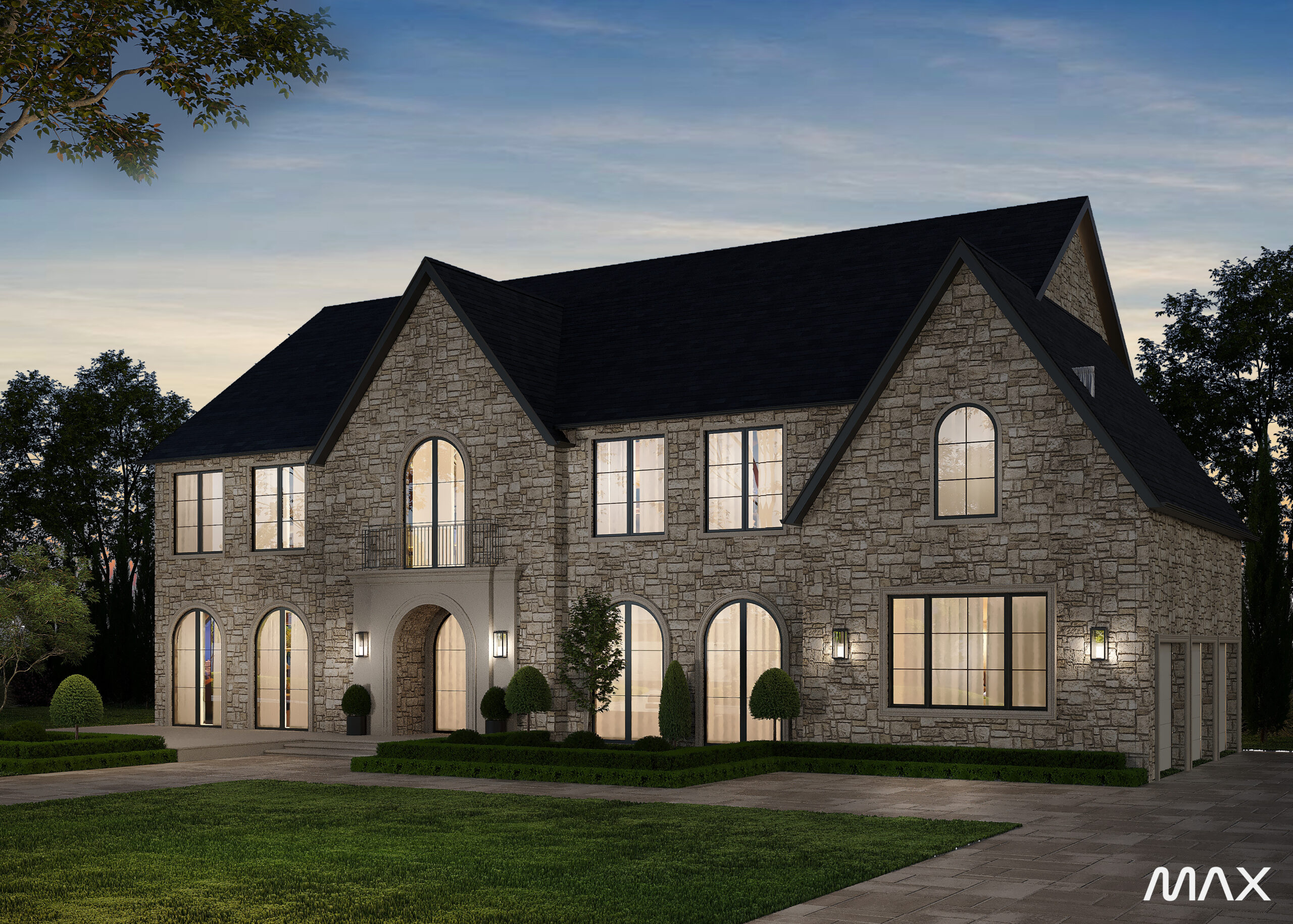 Stone mansion exterior at dusk with lights.