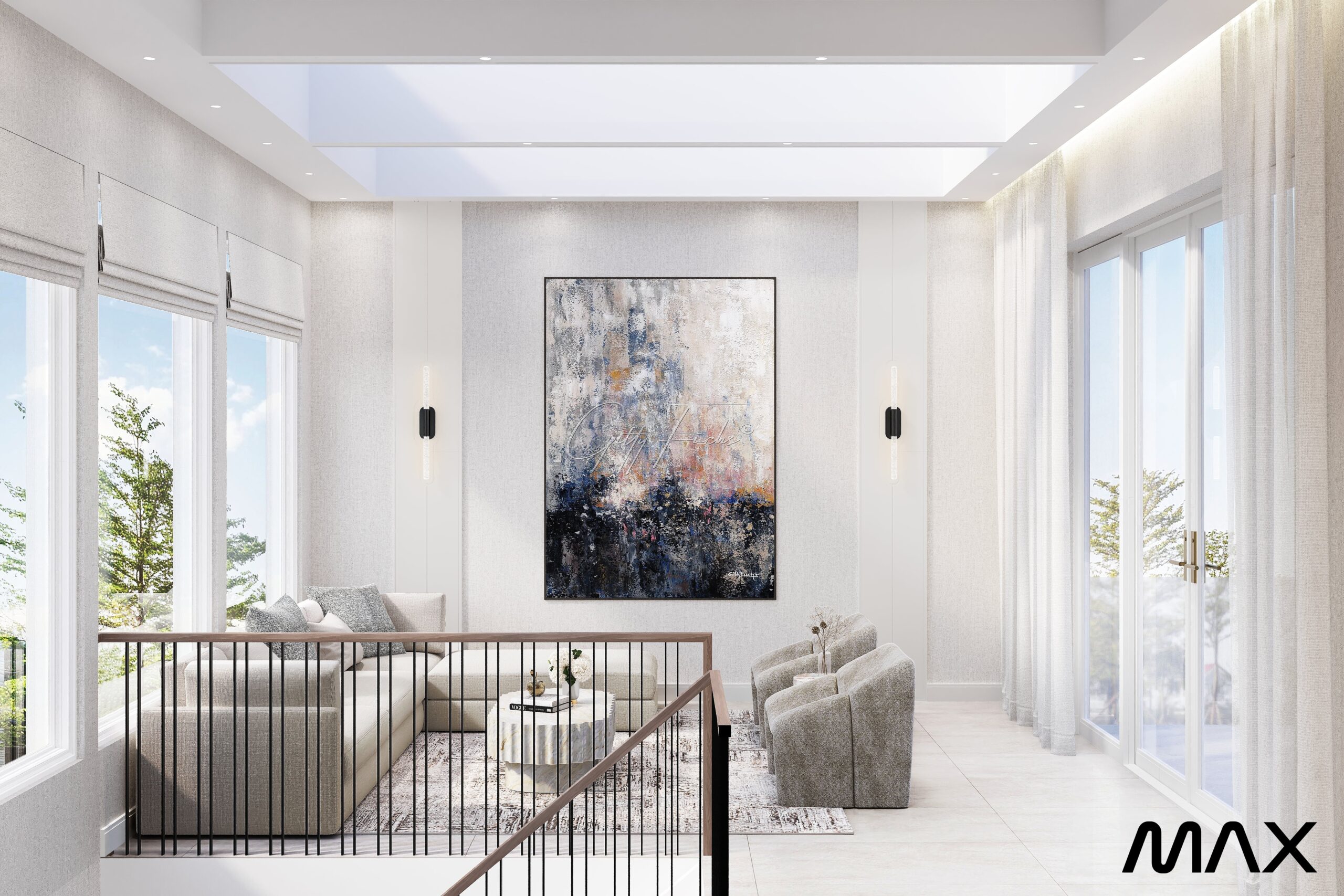 Modern living room with abstract wall art.