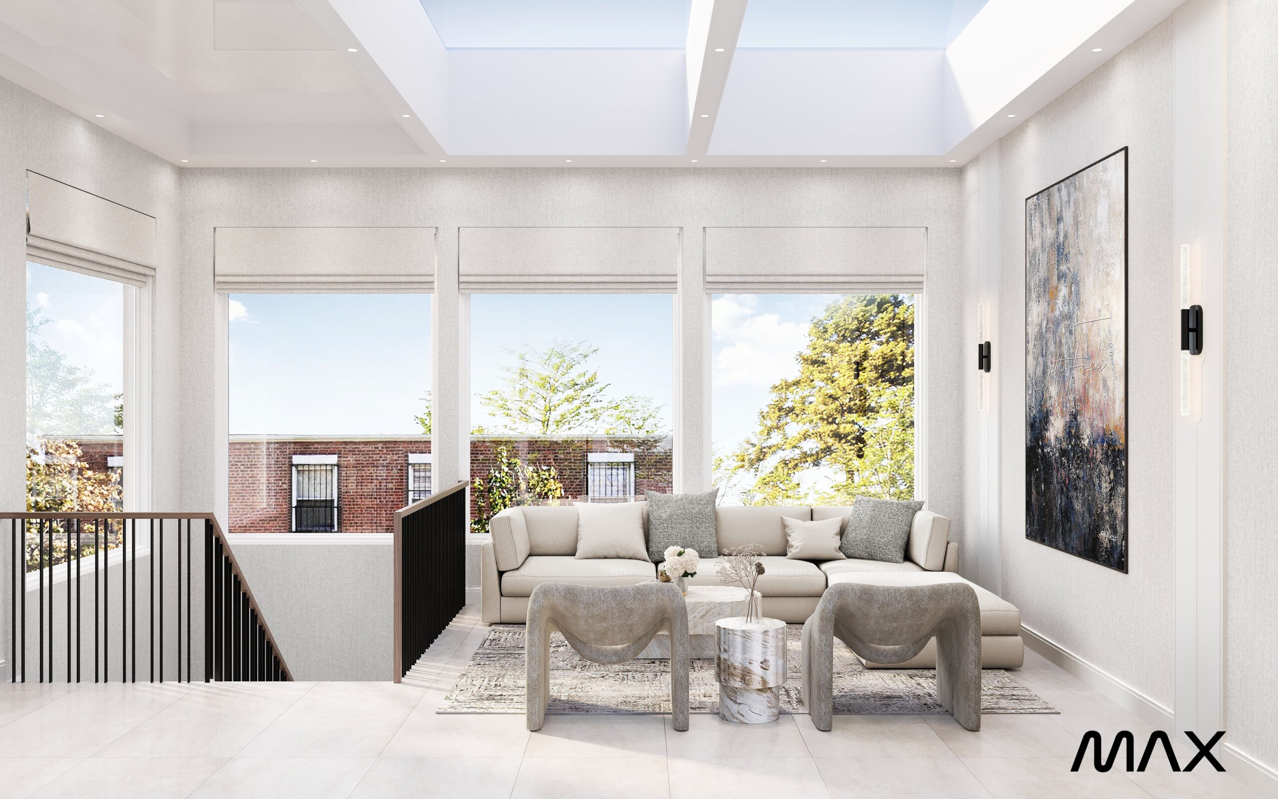 Modern living room with large windows, skylights.