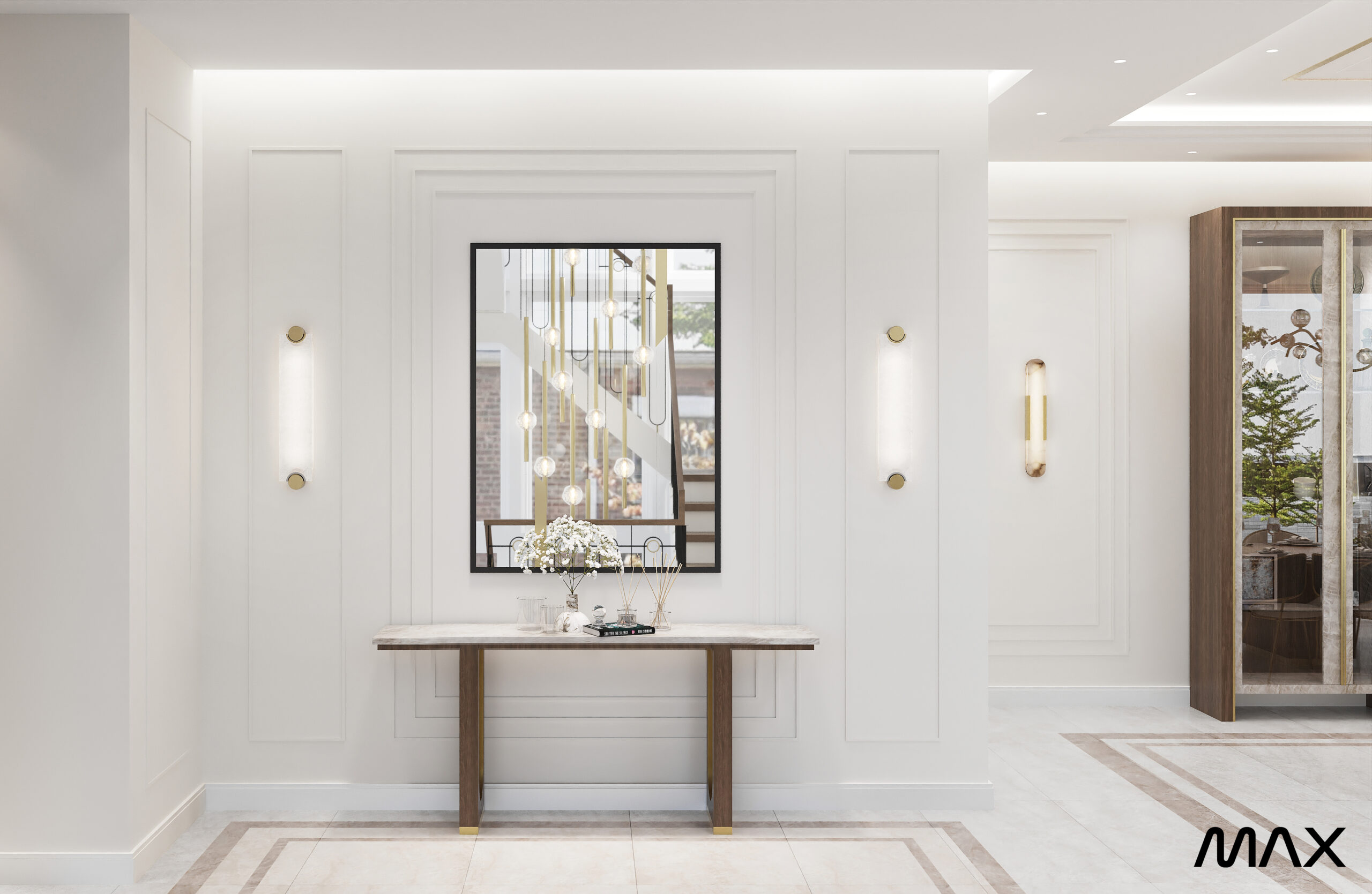 Elegant modern hallway with mirror and table.
