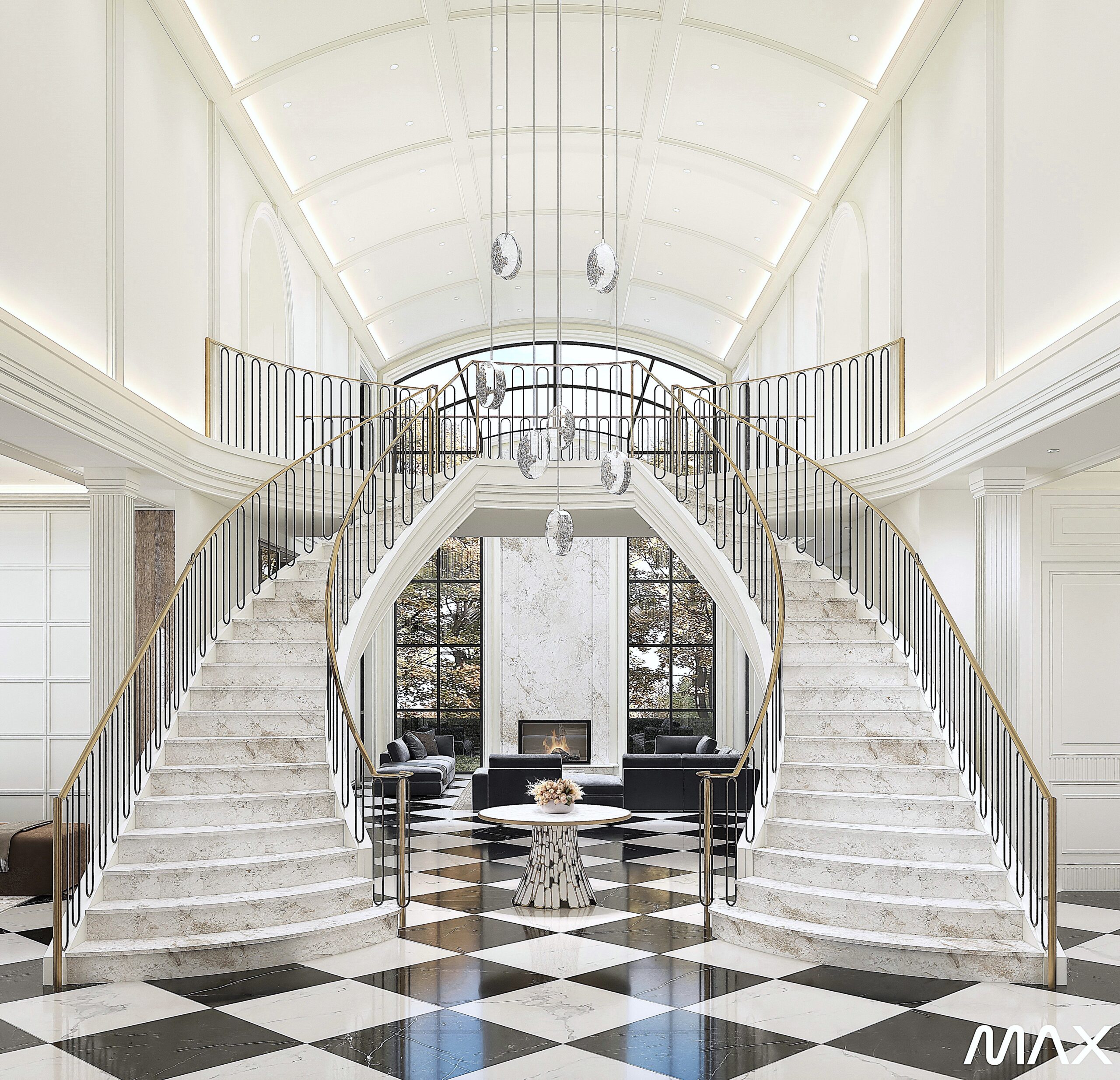 Elegant grand staircase with checkered floor.