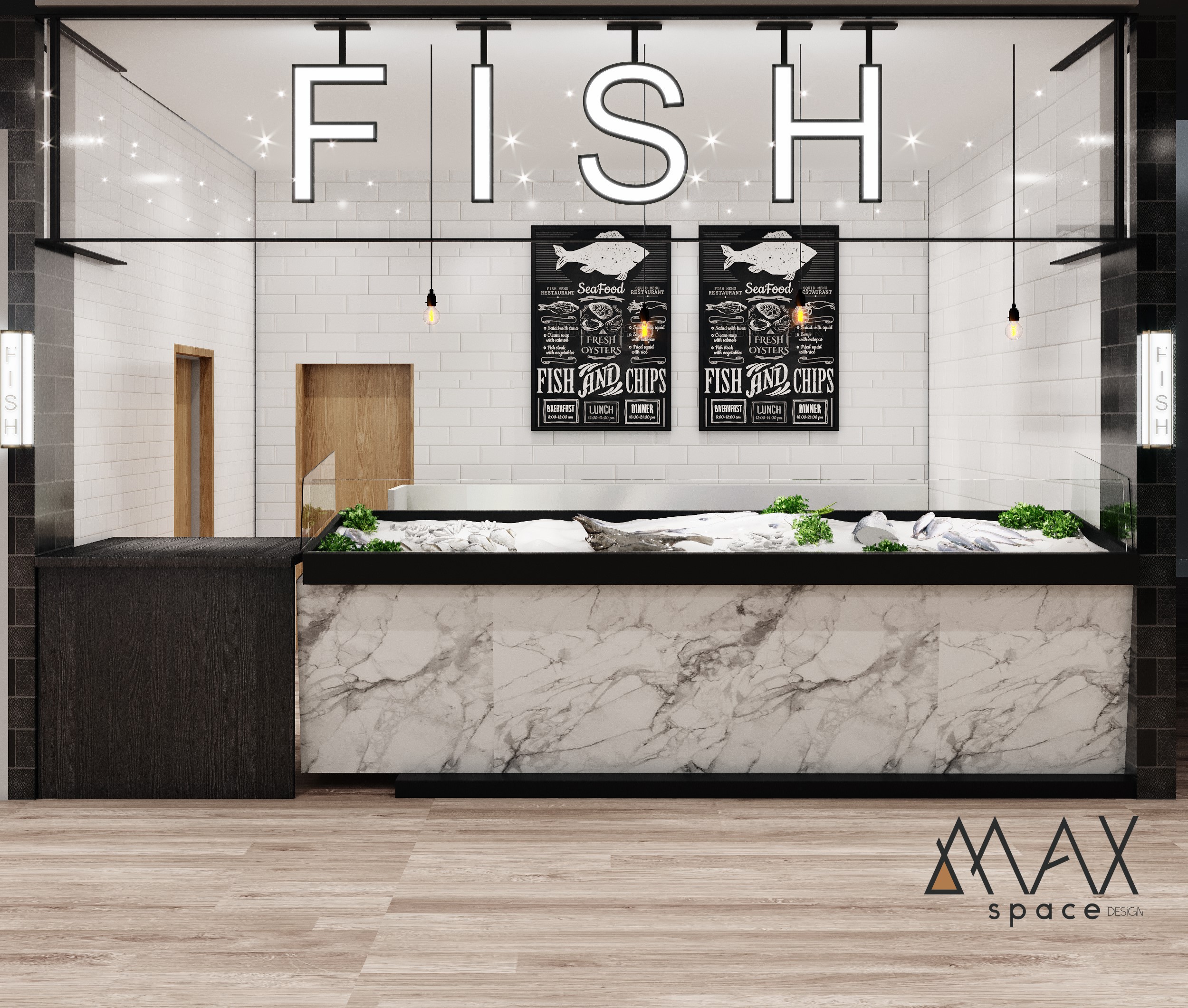 Fish shop interior with marble counter.