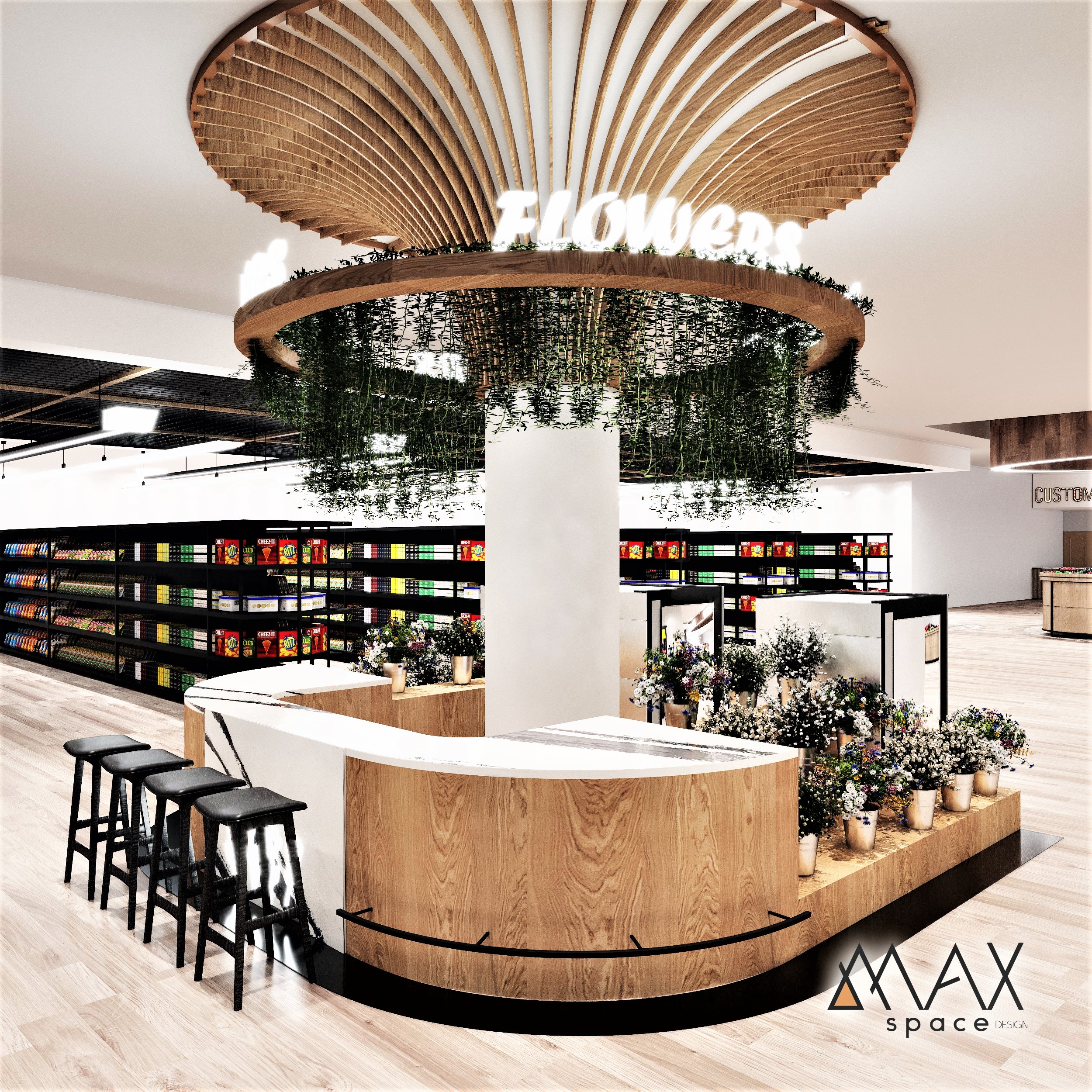 Modern flower shop interior design with seating.