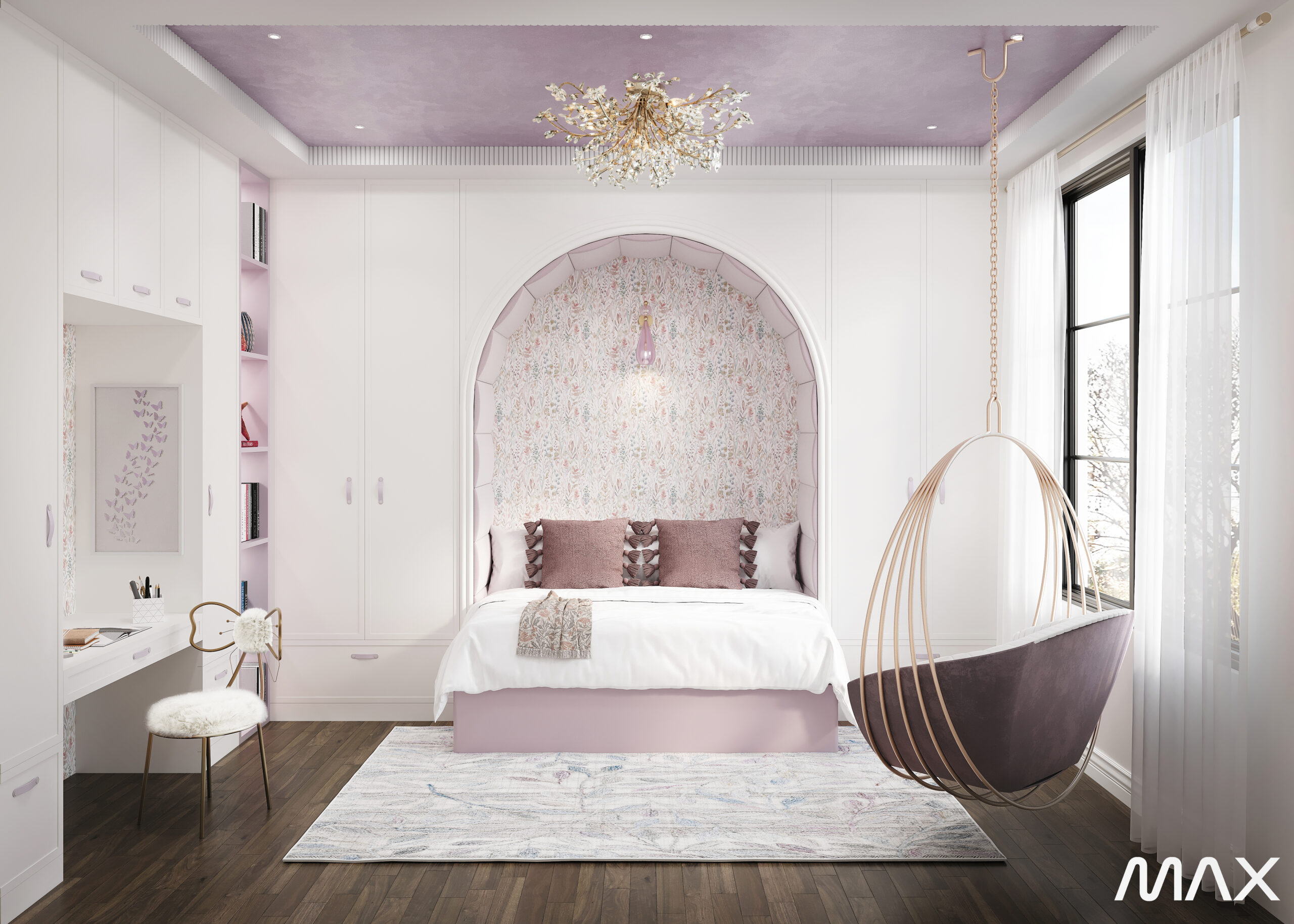 Elegant bedroom with hanging chair and chandelier.