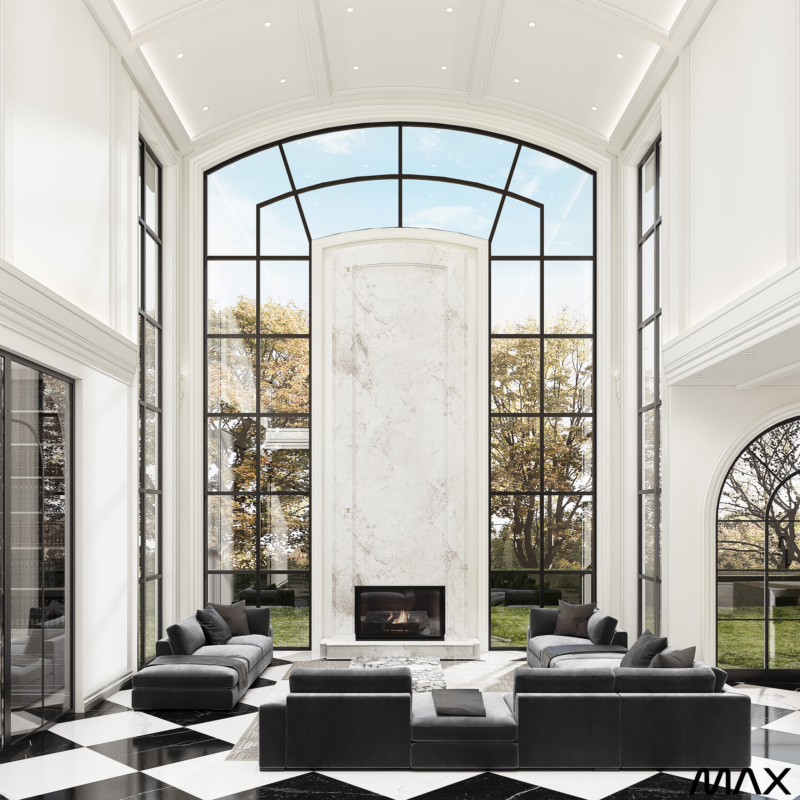 Spacious modern living room with large windows.