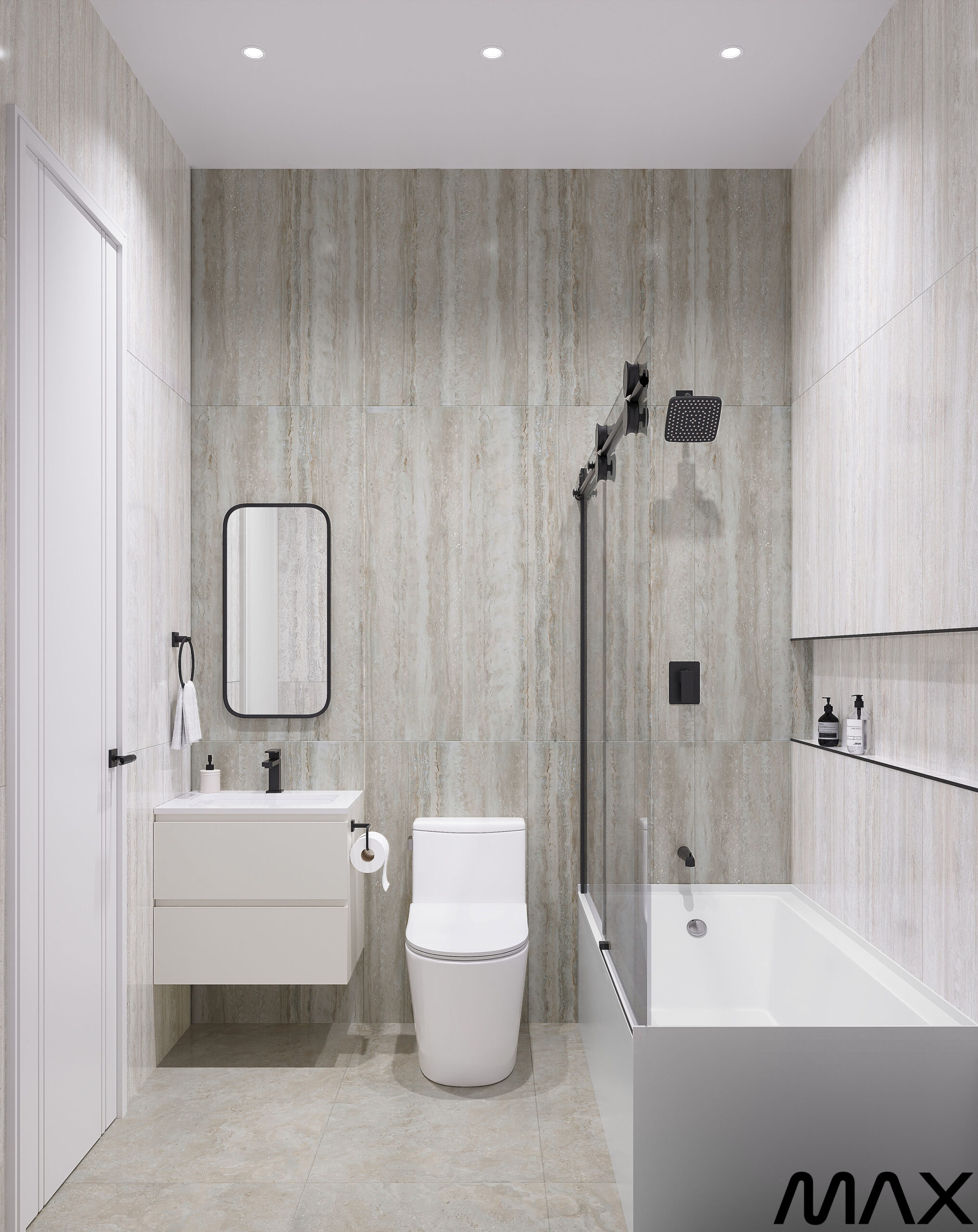 Modern bathroom with tub and showerhead.