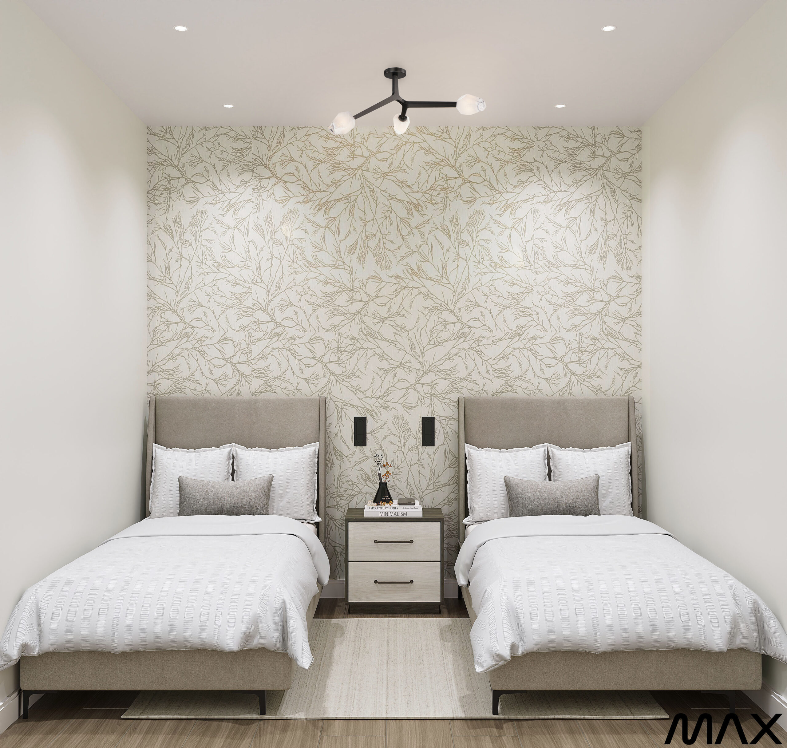 Modern bedroom with two single beds.