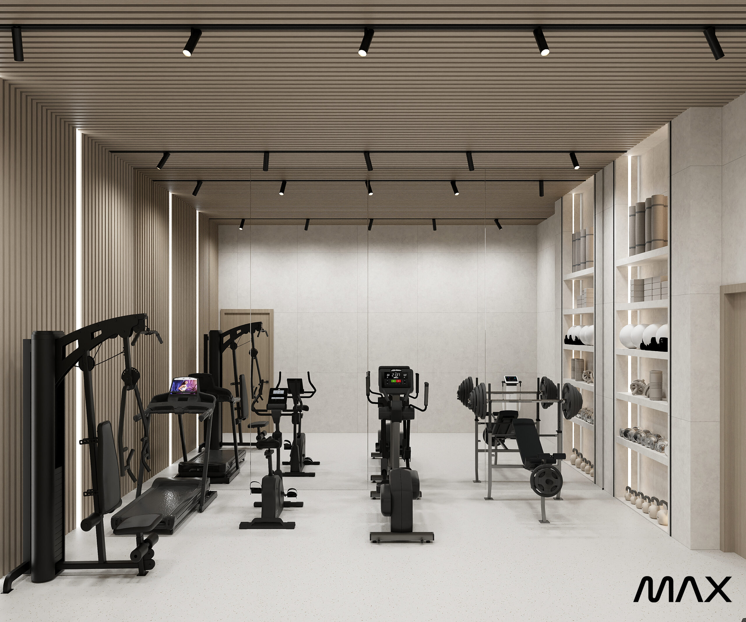 Modern gym with exercise equipment and weights.