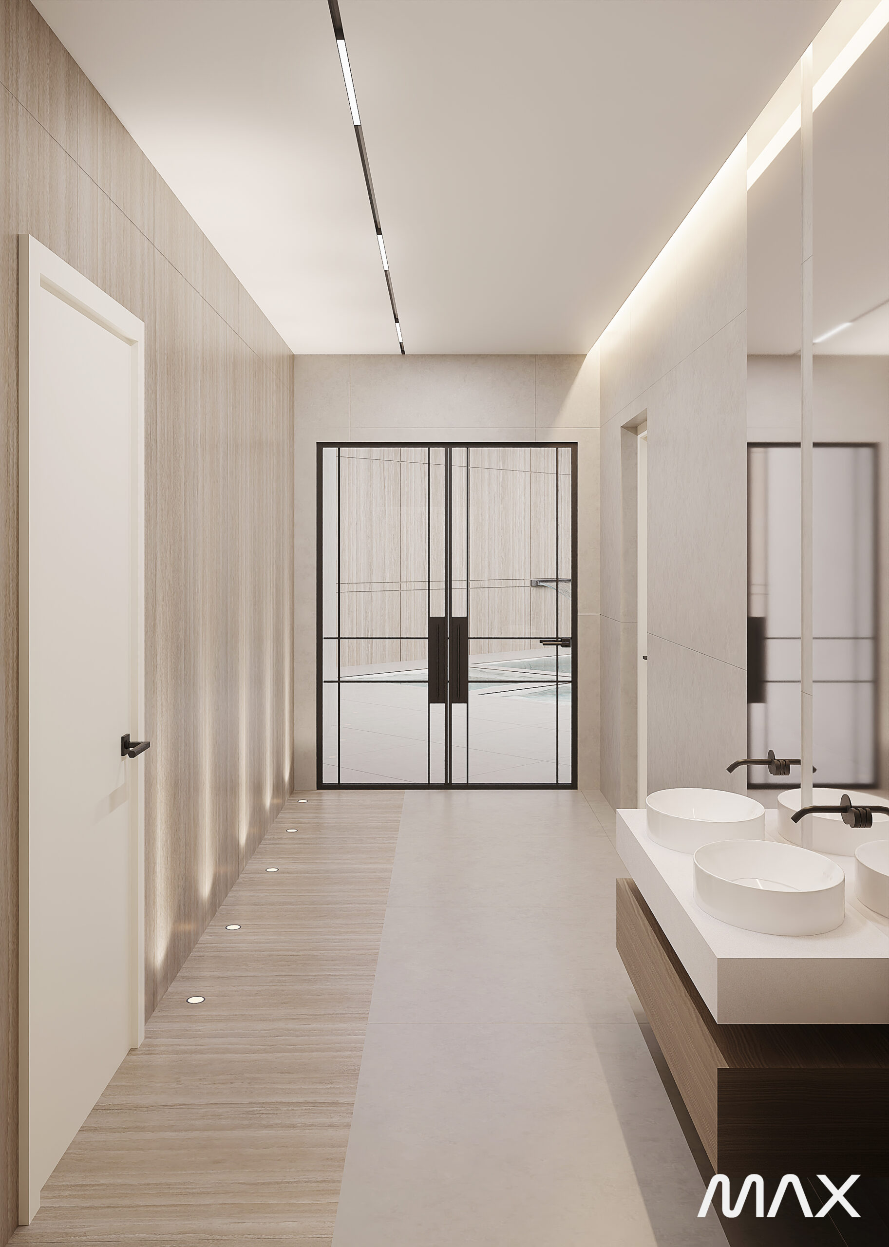 Minimalist bathroom with dual sinks and mirror.